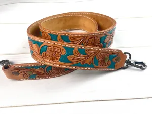 Floral Tooled Teal Painted Handbag Strap