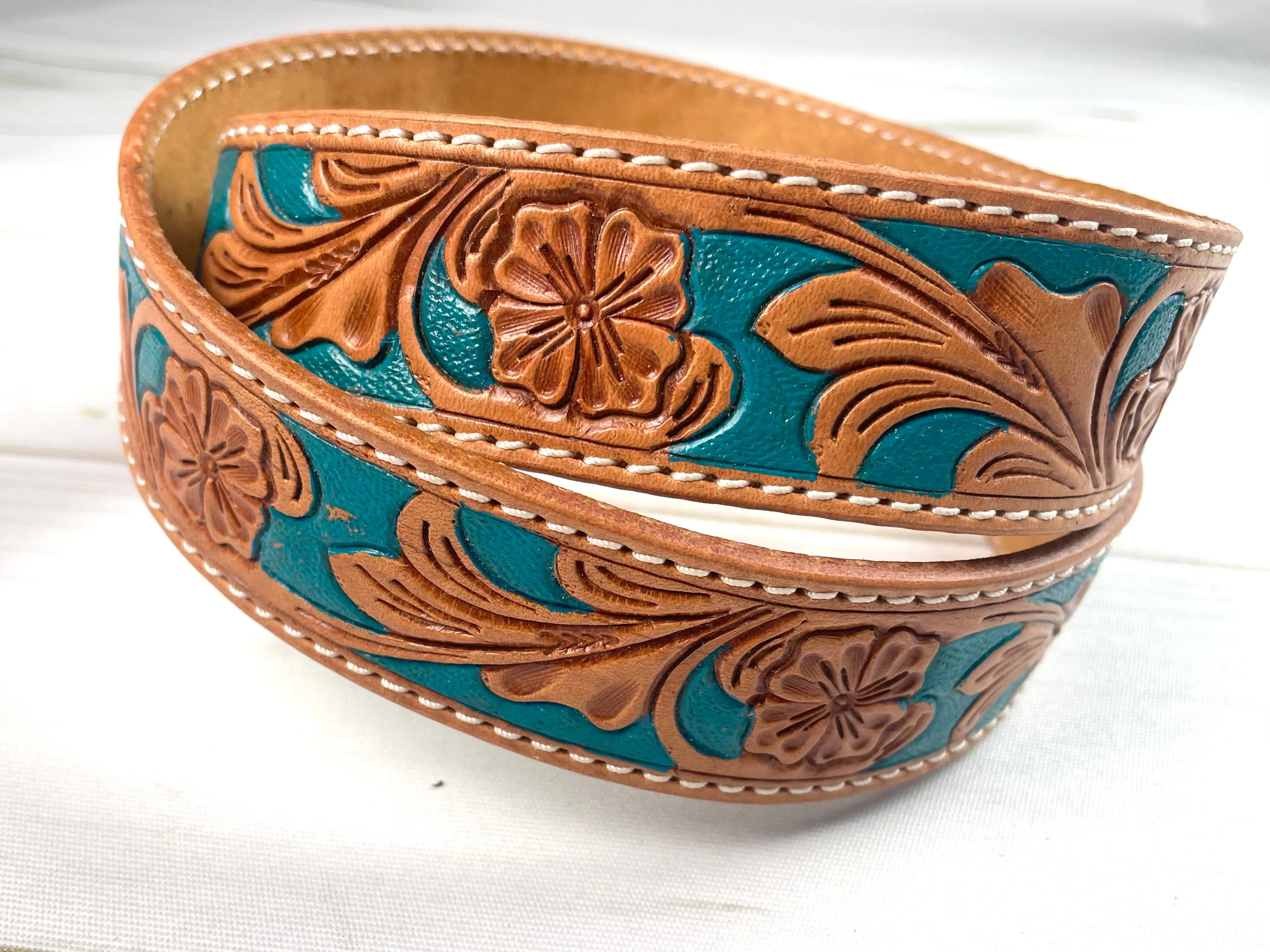 Floral Tooled Teal Painted Handbag Strap