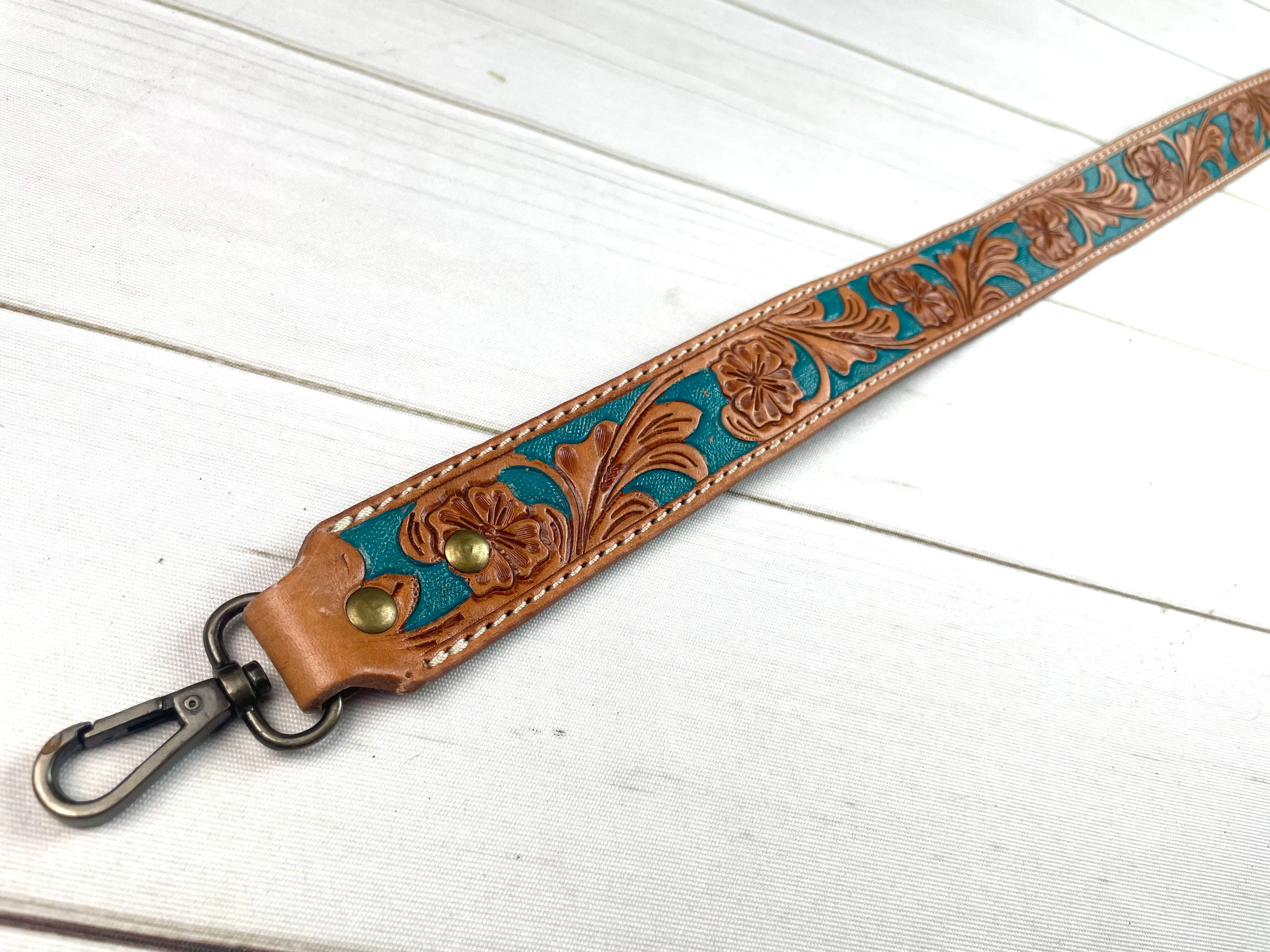 Floral Tooled Teal Painted Handbag Strap