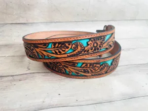 Floral Tooled Turquoise Painted Inset Leather Handbag Strap