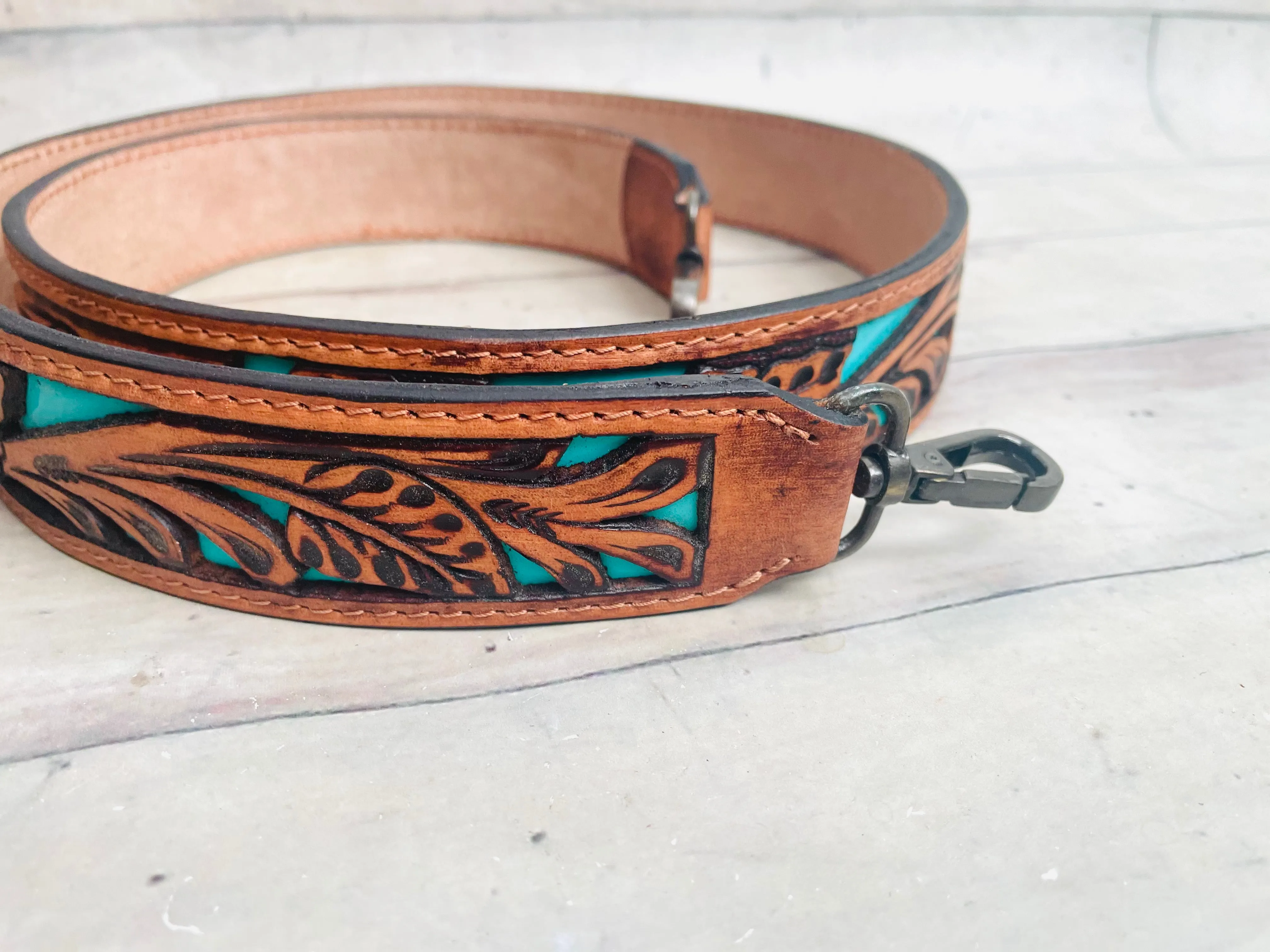 Floral Tooled Turquoise Painted Inset Leather Handbag Strap