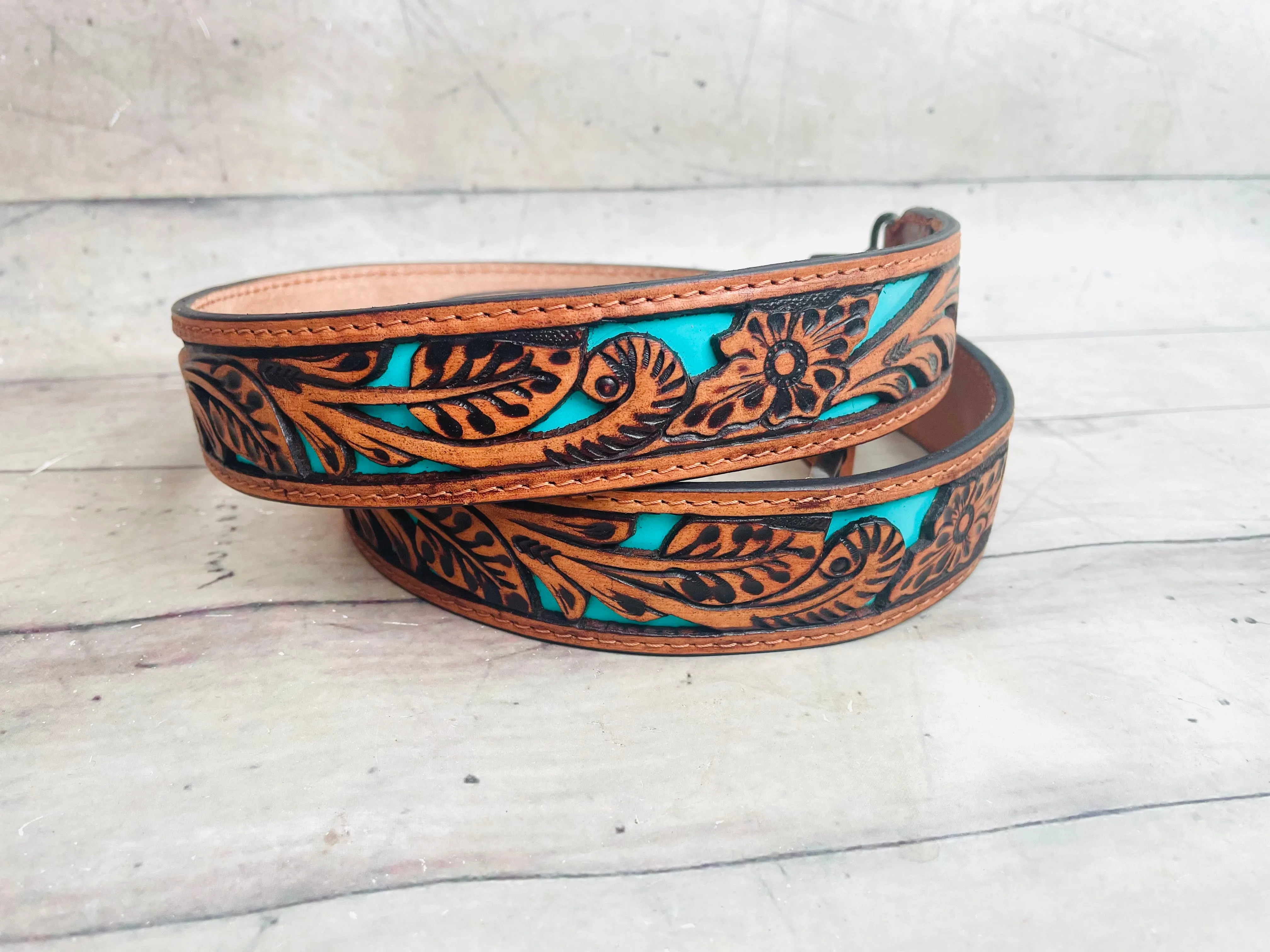 Floral Tooled Turquoise Painted Inset Leather Handbag Strap