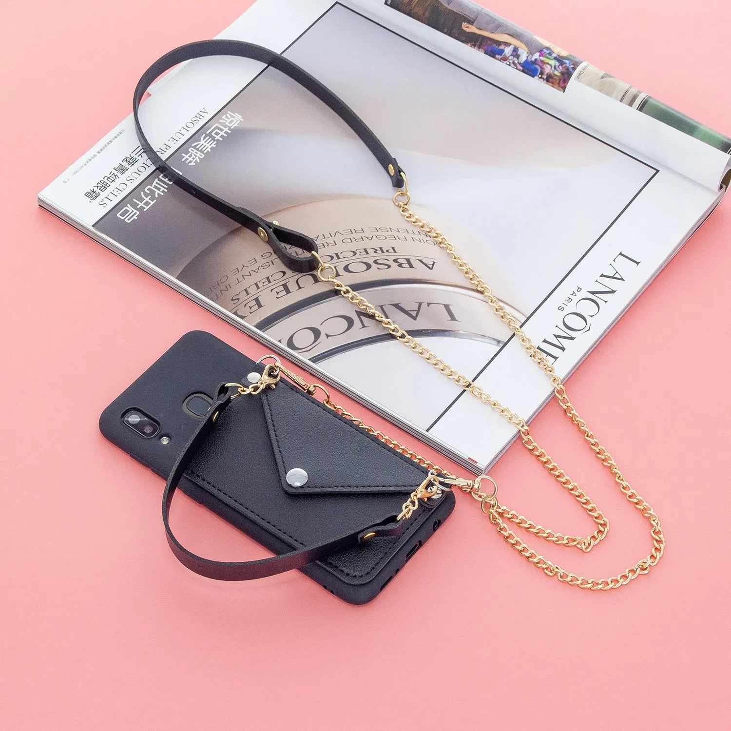 For HUAWEI P20/ P20 Lite/P20 Pro Mobile Phone Cover with Pu Leather Card Holder   Hand Rope   Straddle Rope black