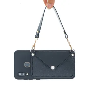 For HUAWEI P20/ P20 Lite/P20 Pro Mobile Phone Cover with Pu Leather Card Holder   Hand Rope   Straddle Rope black