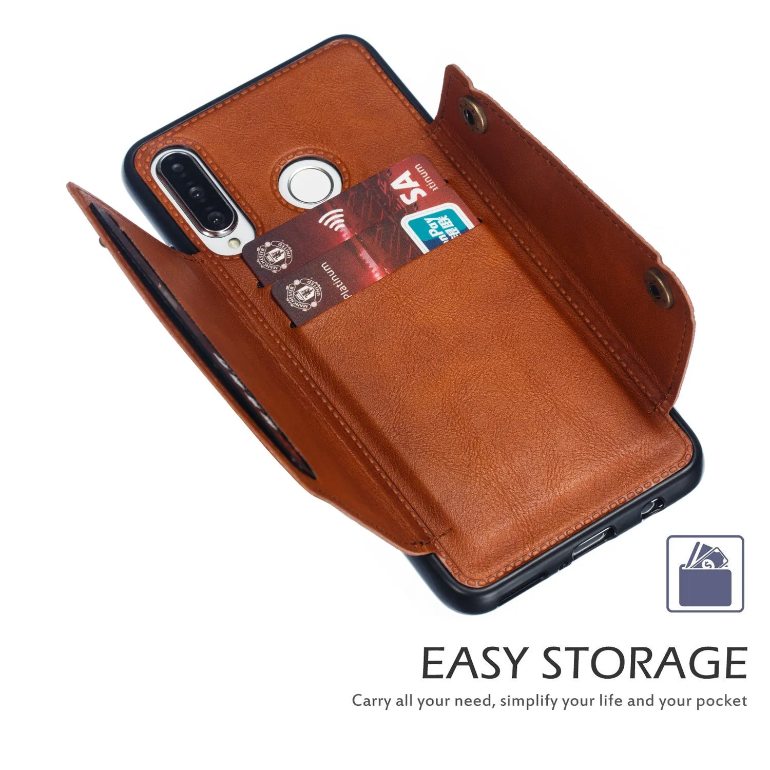 For Huawei P30 lite/nova 4E Double Buckle Non-slip Shockproof Cell Phone Case with Card Slot Bracket Light Brown