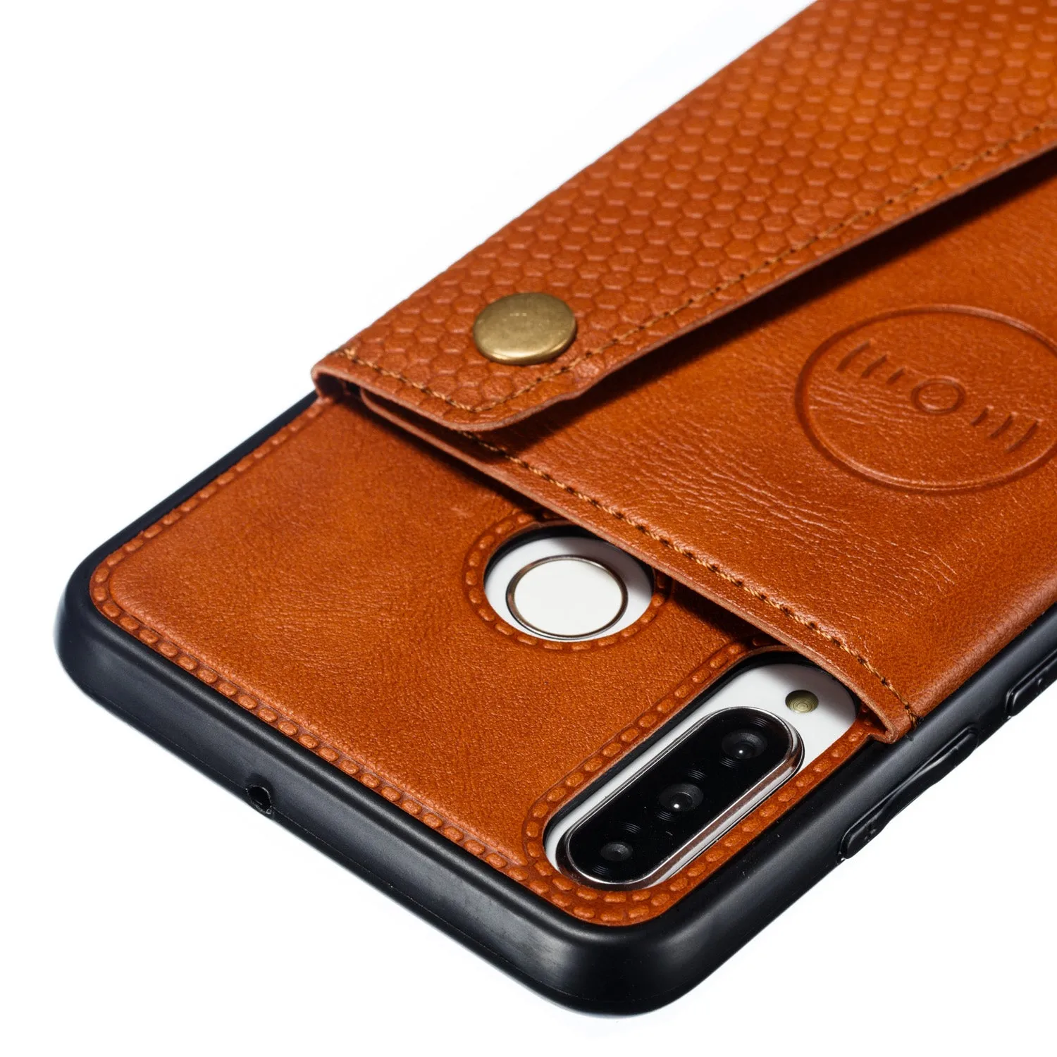 For Huawei P30 lite/nova 4E Double Buckle Non-slip Shockproof Cell Phone Case with Card Slot Bracket Light Brown