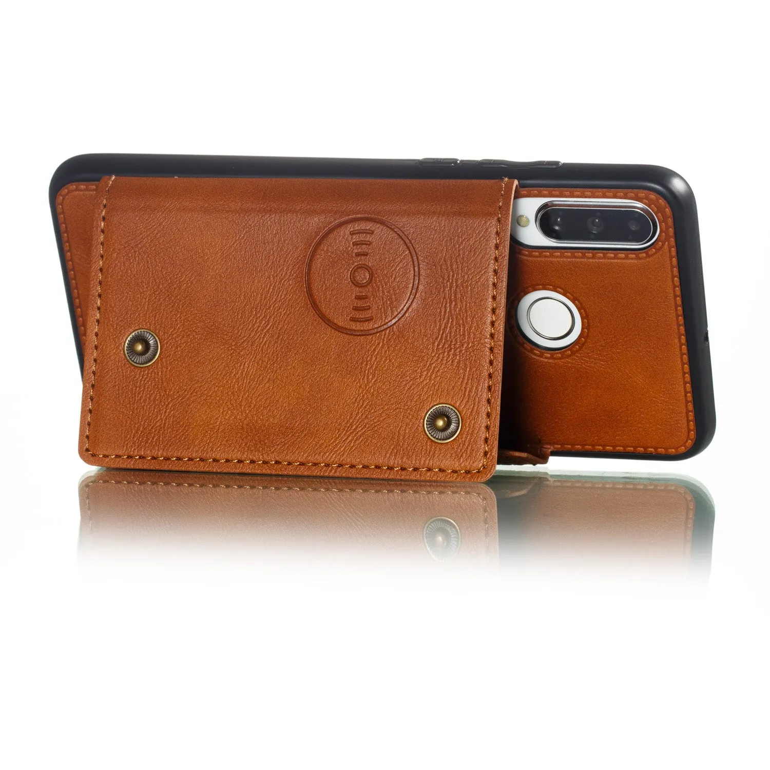 For Huawei P30 lite/nova 4E Double Buckle Non-slip Shockproof Cell Phone Case with Card Slot Bracket Light Brown
