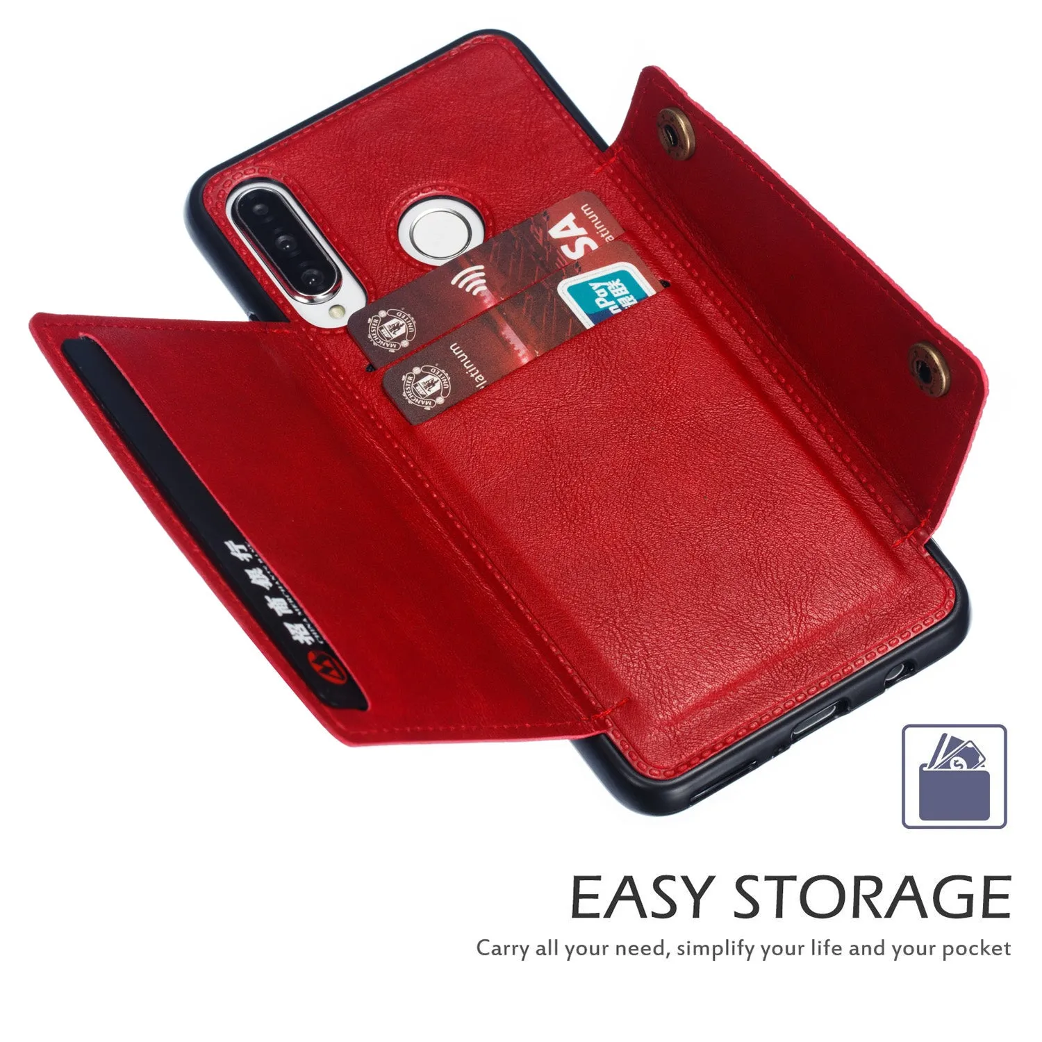 For Huawei P30 lite/nova 4E Double Buckle Non-slip Shockproof Cell Phone Case with Card Slot Bracket Light Brown