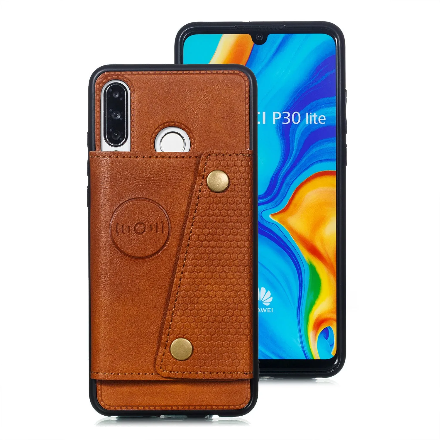 For Huawei P30 lite/nova 4E Double Buckle Non-slip Shockproof Cell Phone Case with Card Slot Bracket Light Brown