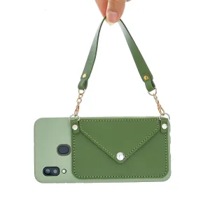 For HUAWEI Y5 2018/2019/Y6 2019/Y7 2019/PSMART Z/Y9 2019 Mobile Phone Cover with Pu Card Holder   Hand Rope   Straddle Rope green