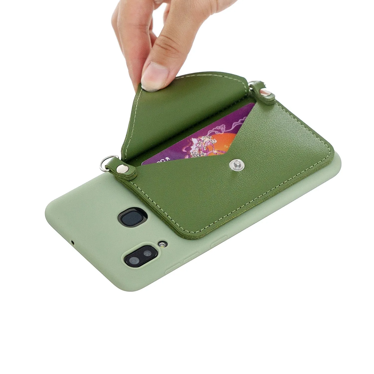 For HUAWEI Y5 2018/2019/Y6 2019/Y7 2019/PSMART Z/Y9 2019 Mobile Phone Cover with Pu Card Holder   Hand Rope   Straddle Rope green