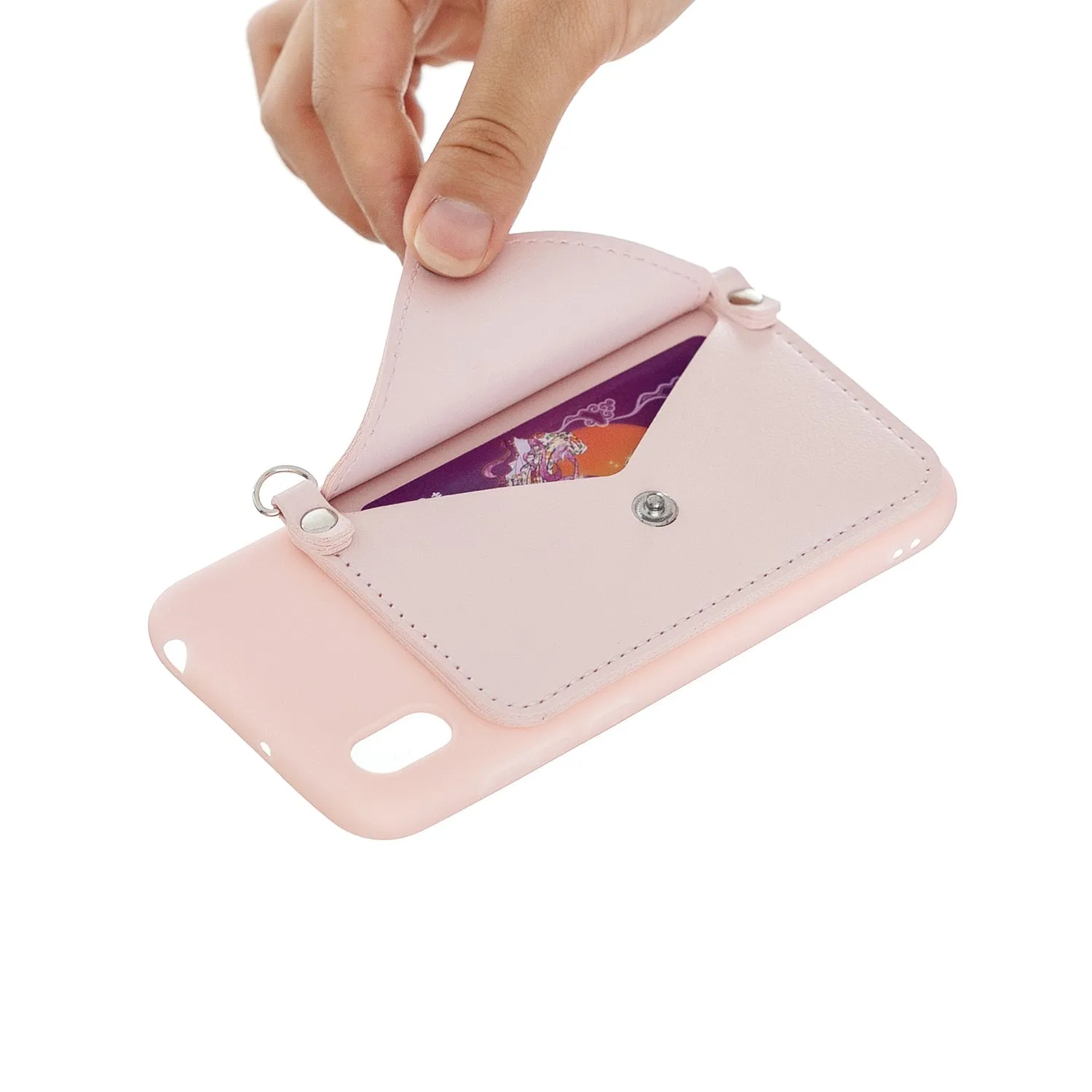 For HUAWEI Y5 2018/2019/Y6 2019/Y7 2019/PSMART Z/Y9 2019 Mobile Phone Cover with Pu Card Holder   Hand Rope   Straddle Rope Pink