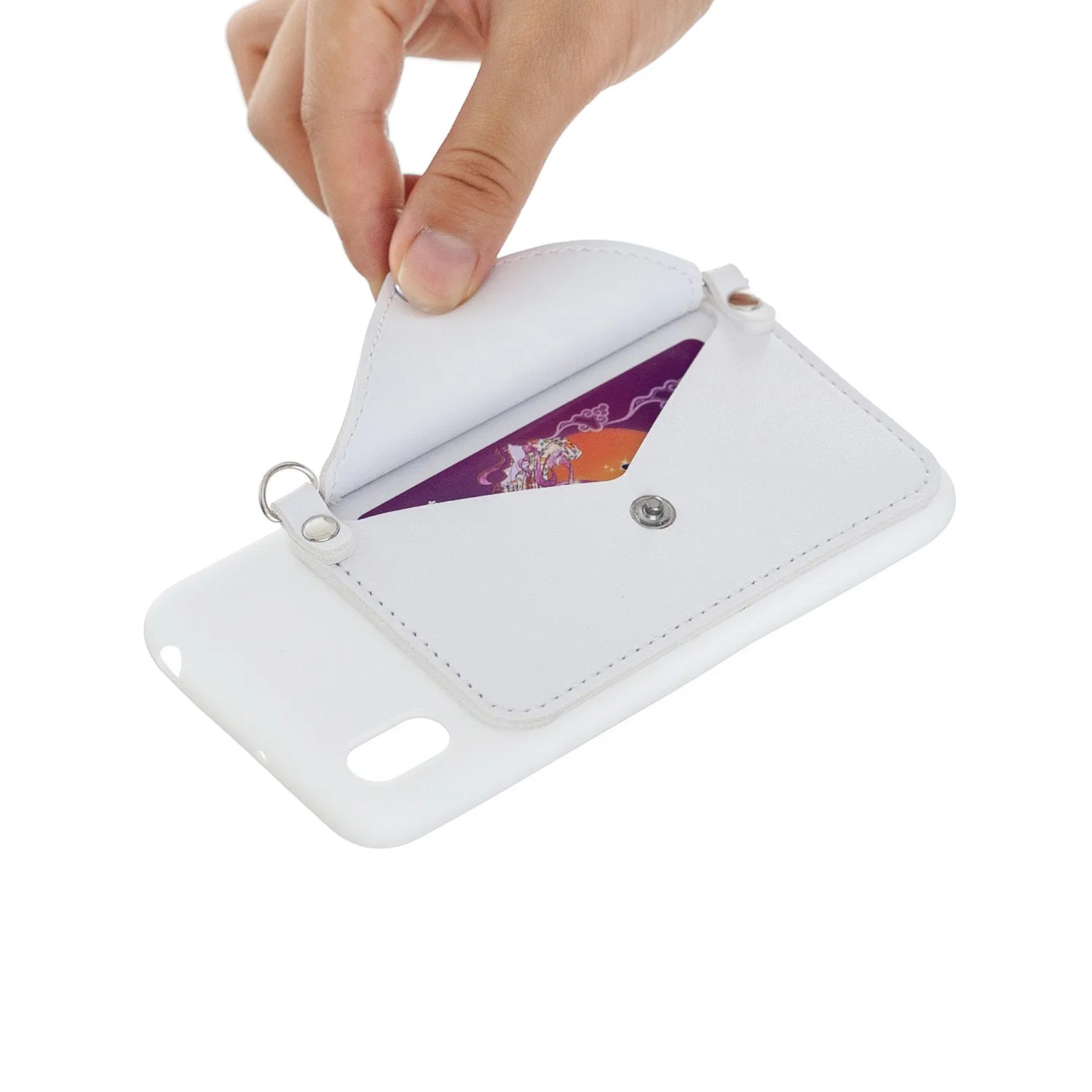 For HUAWEI Y5 2018/2019/Y6 2019/Y7 2019/PSMART Z/Y9 2019 Mobile Phone Cover with Pu Card Holder   Hand Rope   Straddle Rope white