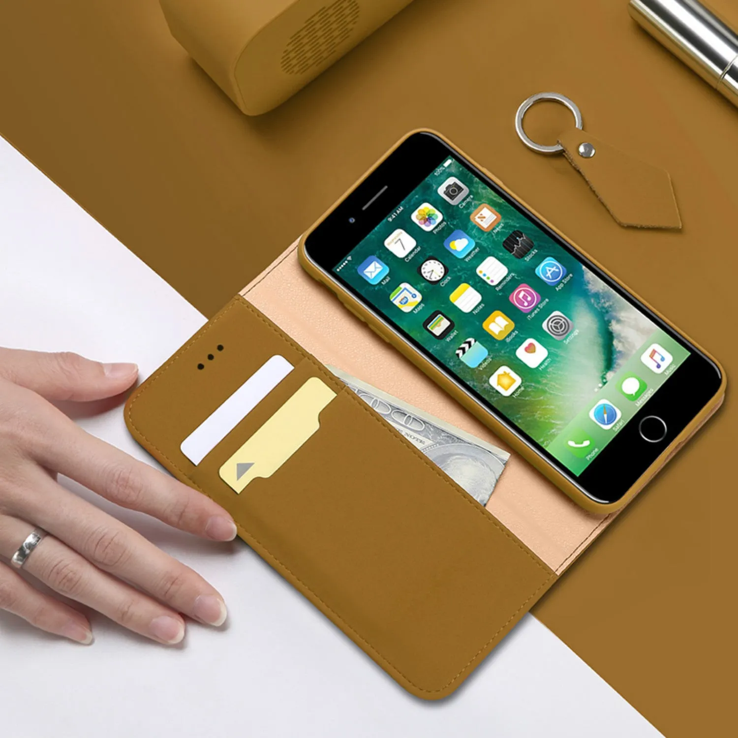 For iPhone 9 Mobile Phone Cover Magnetic Leather Protective Case with Card Slot Bracket Khaki