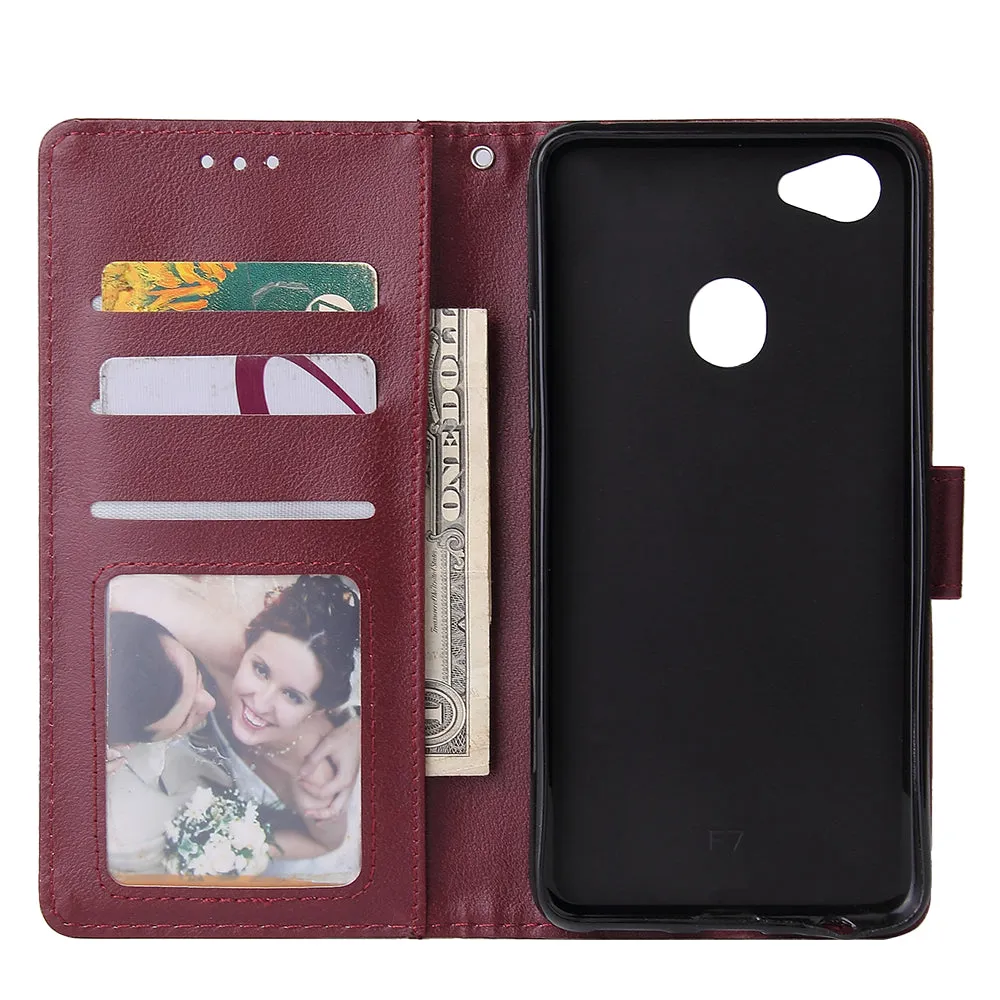 For OPPO F7 Wallet-type PU Leather Protective Phone Case with Buckle & 3 Card Position Red wine
