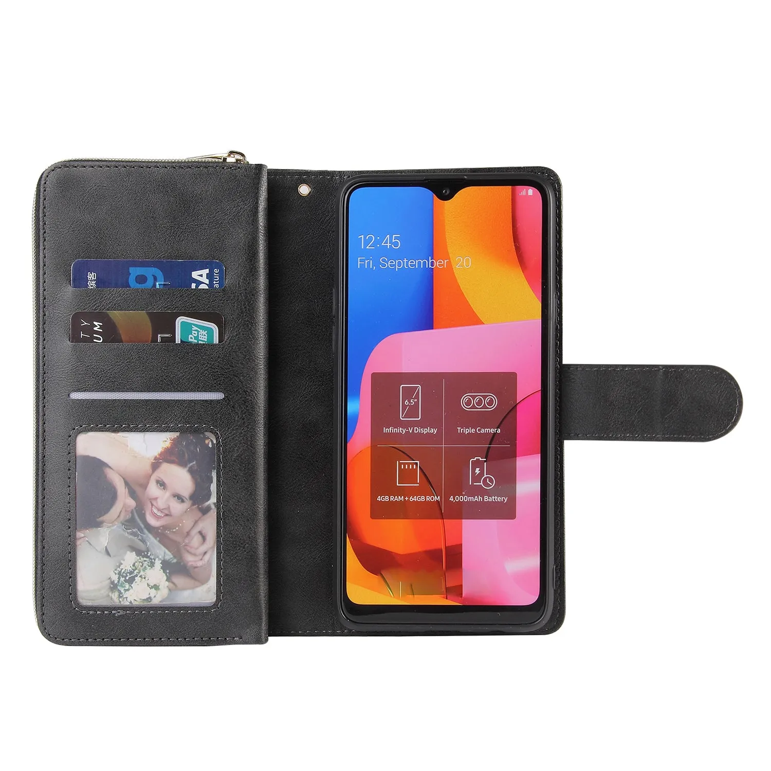For Samsung A10/A20/A30/A50/A30S/A50S Pu Leather  Mobile Phone Cover Zipper Card Bag   Wrist Strap black