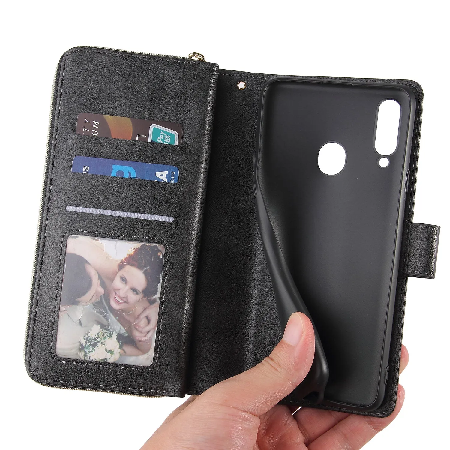 For Samsung A10/A20/A30/A50/A30S/A50S Pu Leather  Mobile Phone Cover Zipper Card Bag   Wrist Strap black
