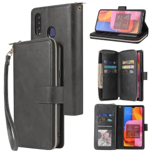 For Samsung A10/A20/A30/A50/A30S/A50S Pu Leather  Mobile Phone Cover Zipper Card Bag   Wrist Strap black