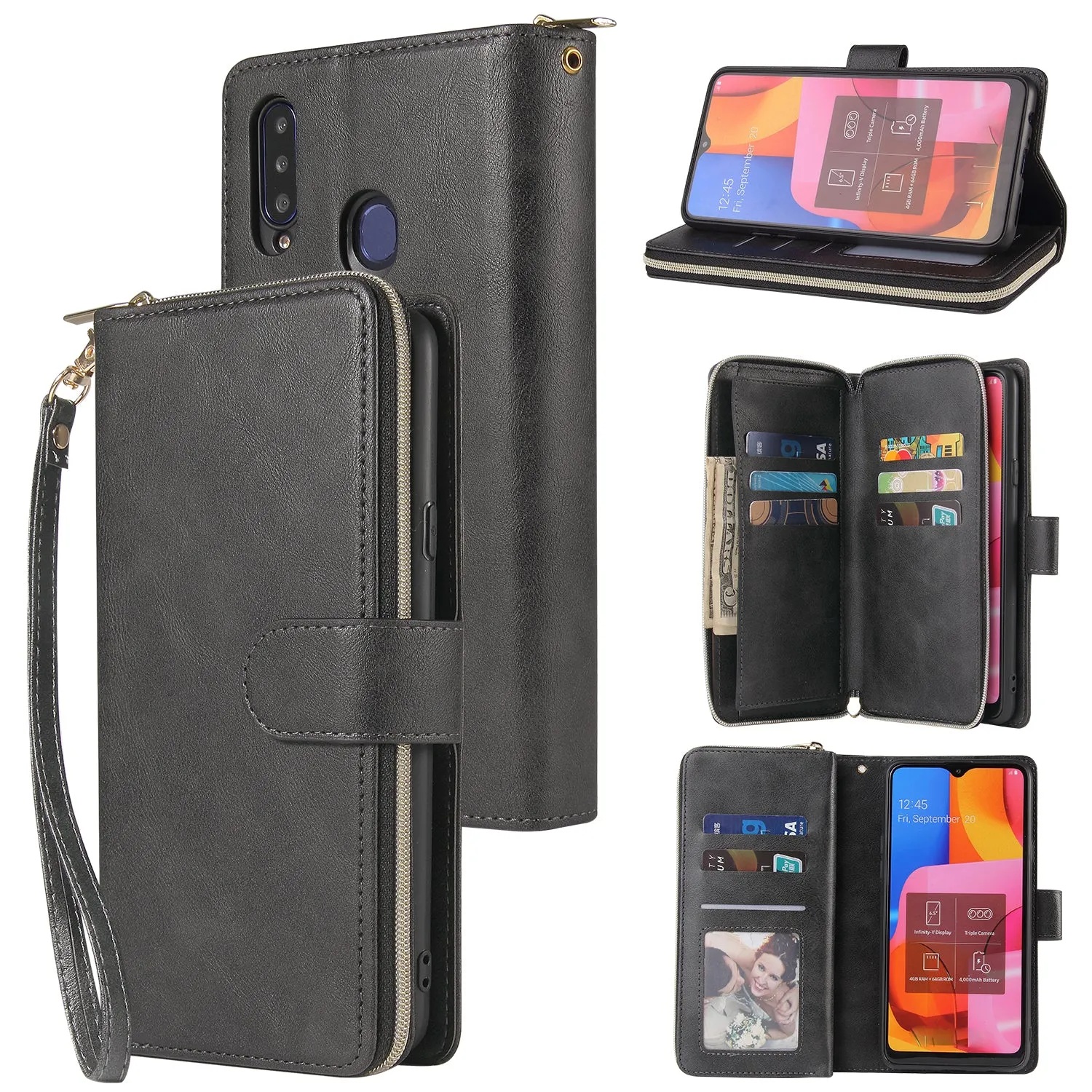 For Samsung A10/A20/A30/A50/A30S/A50S Pu Leather  Mobile Phone Cover Zipper Card Bag   Wrist Strap black