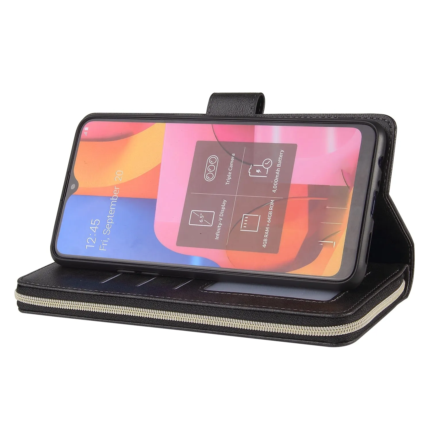 For Samsung A10/A20/A30/A50/A30S/A50S Pu Leather  Mobile Phone Cover Zipper Card Bag   Wrist Strap black