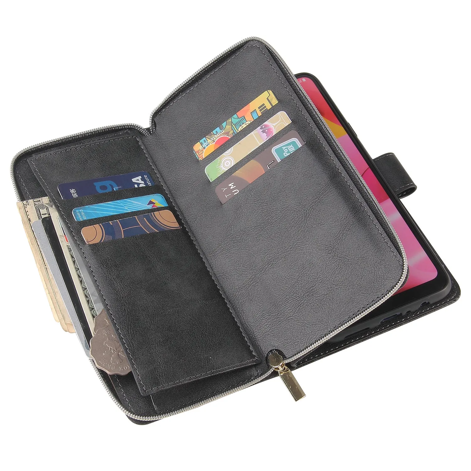 For Samsung A10/A20/A30/A50/A30S/A50S Pu Leather  Mobile Phone Cover Zipper Card Bag   Wrist Strap black