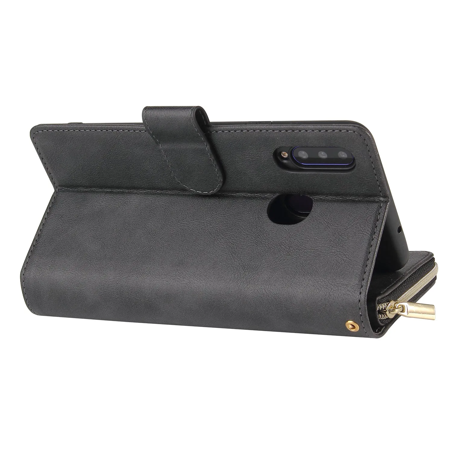 For Samsung A10/A20/A30/A50/A30S/A50S Pu Leather  Mobile Phone Cover Zipper Card Bag   Wrist Strap black