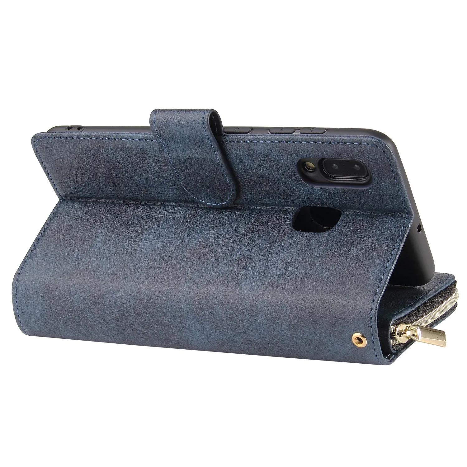 For Samsung A10/A20/A30/A50/A30S/A50S Pu Leather  Mobile Phone Cover Zipper Card Bag   Wrist Strap blue