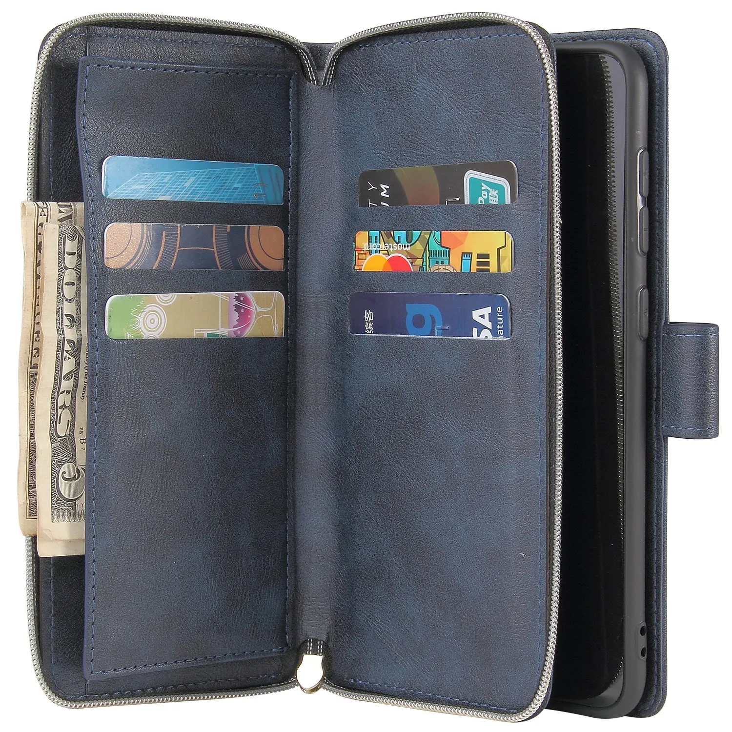 For Samsung A10/A20/A30/A50/A30S/A50S Pu Leather  Mobile Phone Cover Zipper Card Bag   Wrist Strap blue