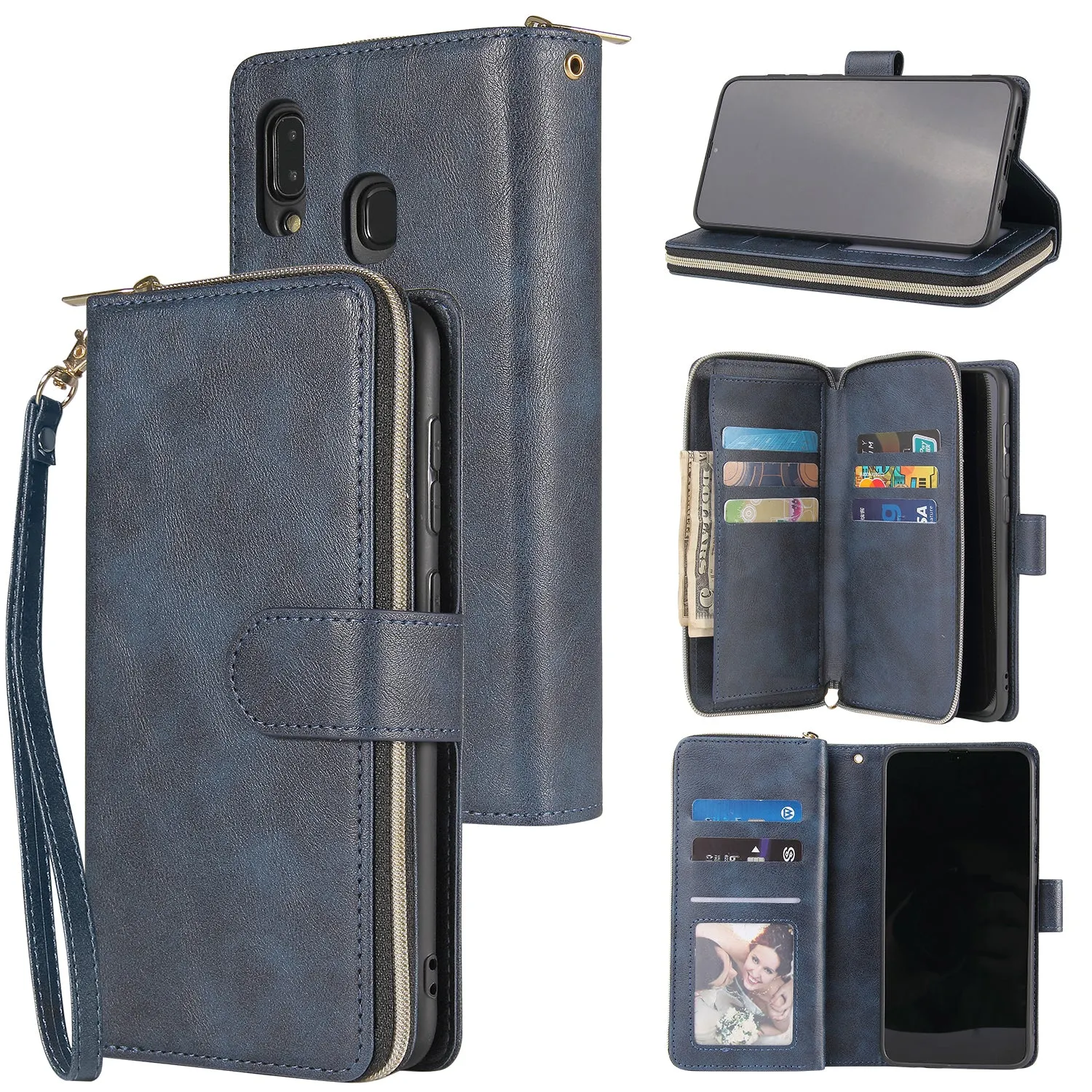 For Samsung A10/A20/A30/A50/A30S/A50S Pu Leather  Mobile Phone Cover Zipper Card Bag   Wrist Strap blue