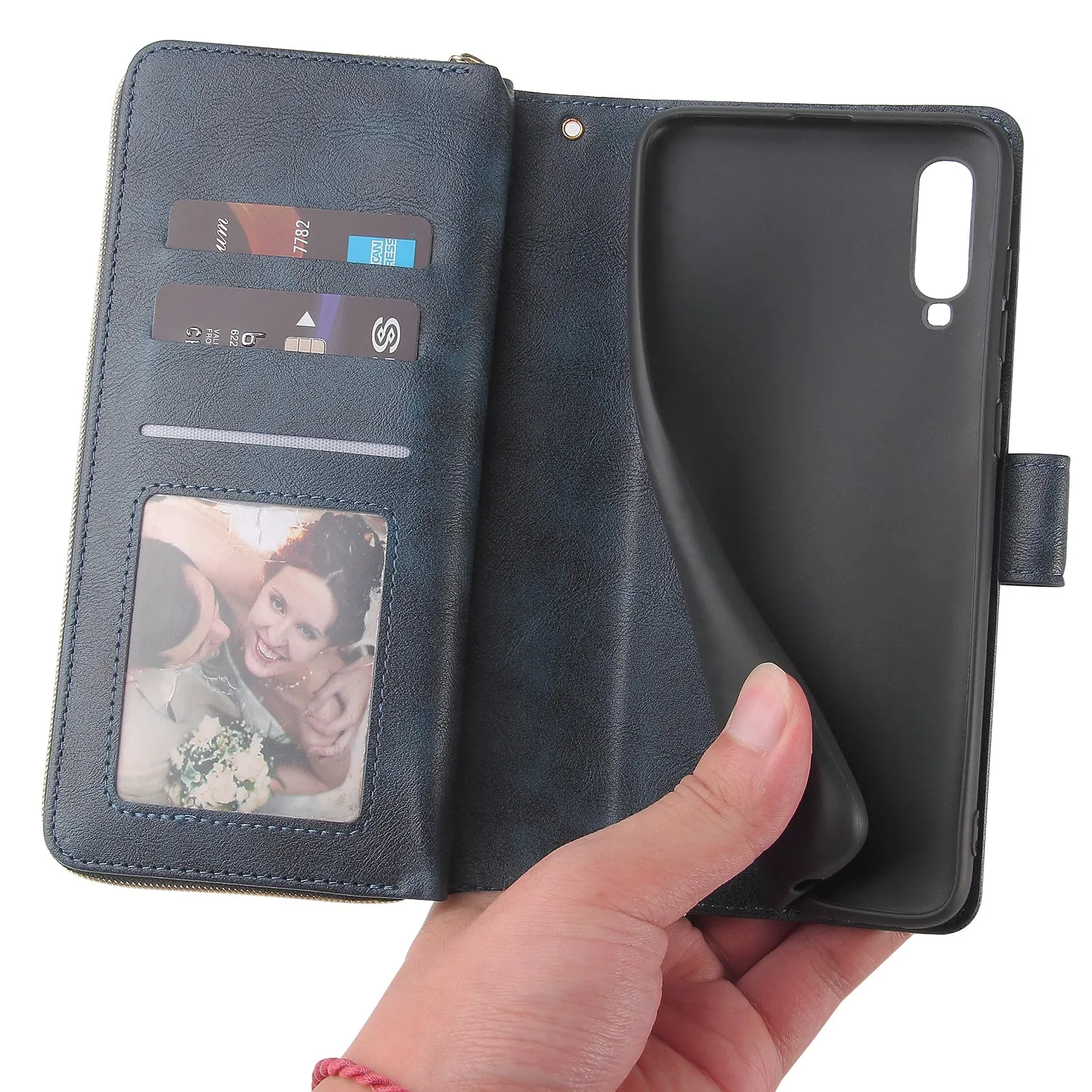 For Samsung A10/A20/A30/A50/A30S/A50S Pu Leather  Mobile Phone Cover Zipper Card Bag   Wrist Strap blue