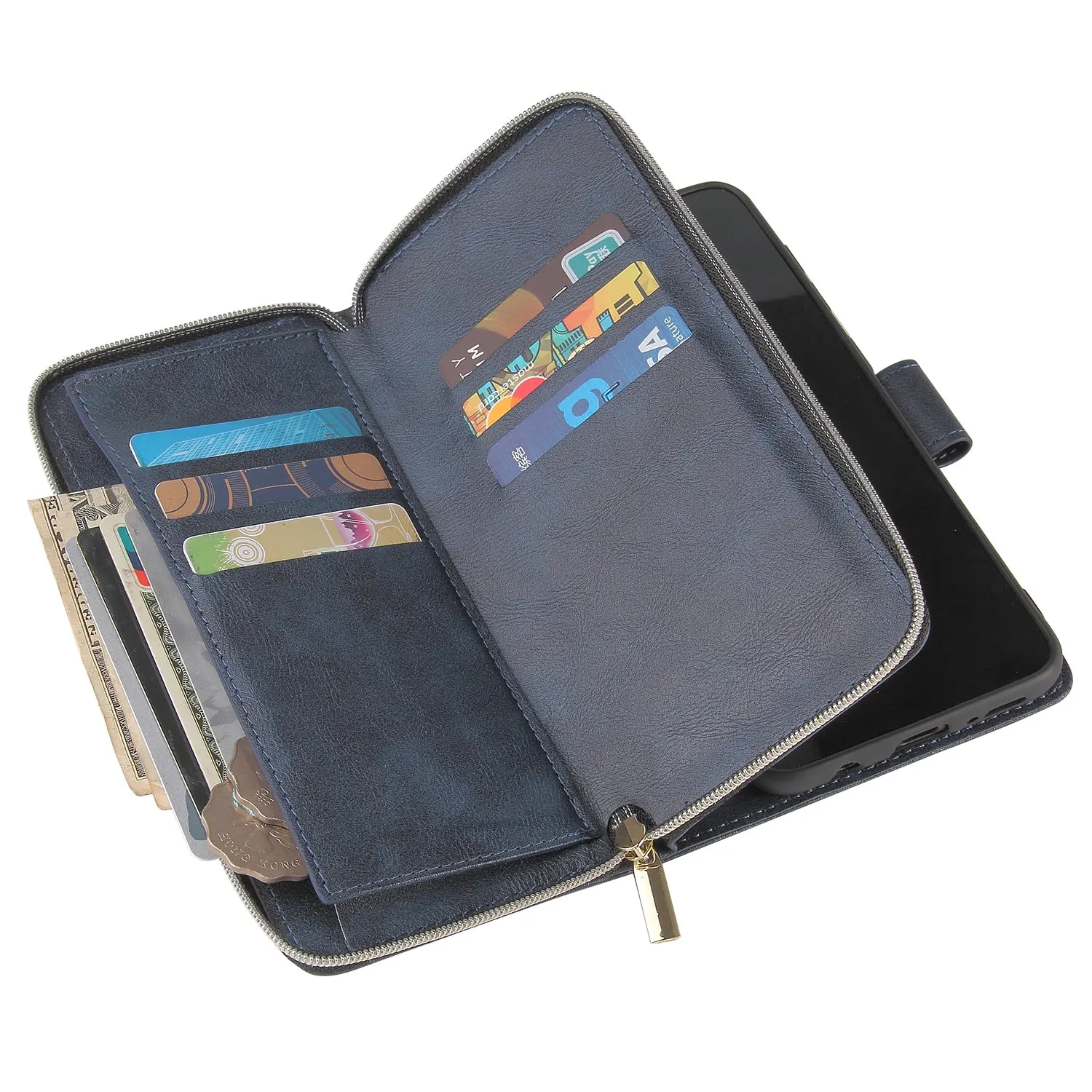 For Samsung A10/A20/A30/A50/A30S/A50S Pu Leather  Mobile Phone Cover Zipper Card Bag   Wrist Strap blue