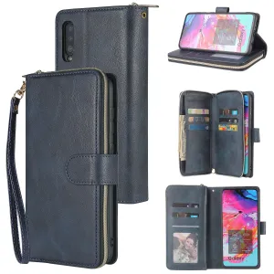 For Samsung A10/A20/A30/A50/A30S/A50S Pu Leather  Mobile Phone Cover Zipper Card Bag   Wrist Strap blue