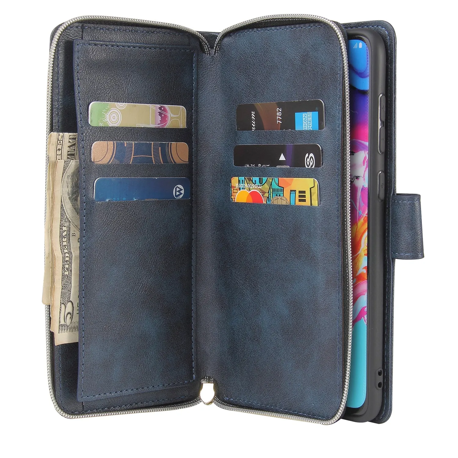 For Samsung A10/A20/A30/A50/A30S/A50S Pu Leather  Mobile Phone Cover Zipper Card Bag   Wrist Strap blue