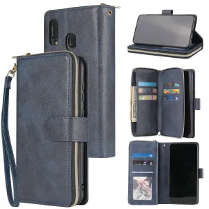 For Samsung A10/A20/A30/A50/A30S/A50S Pu Leather  Mobile Phone Cover Zipper Card Bag   Wrist Strap blue