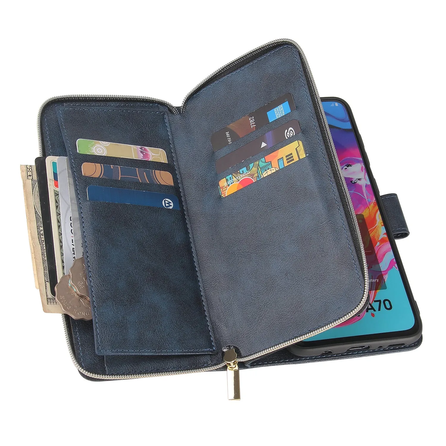 For Samsung A10/A20/A30/A50/A30S/A50S Pu Leather  Mobile Phone Cover Zipper Card Bag   Wrist Strap blue