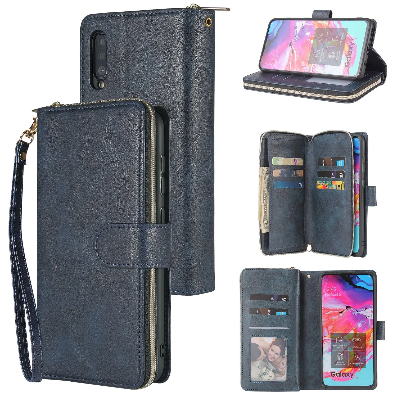 For Samsung A10/A20/A30/A50/A30S/A50S Pu Leather  Mobile Phone Cover Zipper Card Bag   Wrist Strap blue