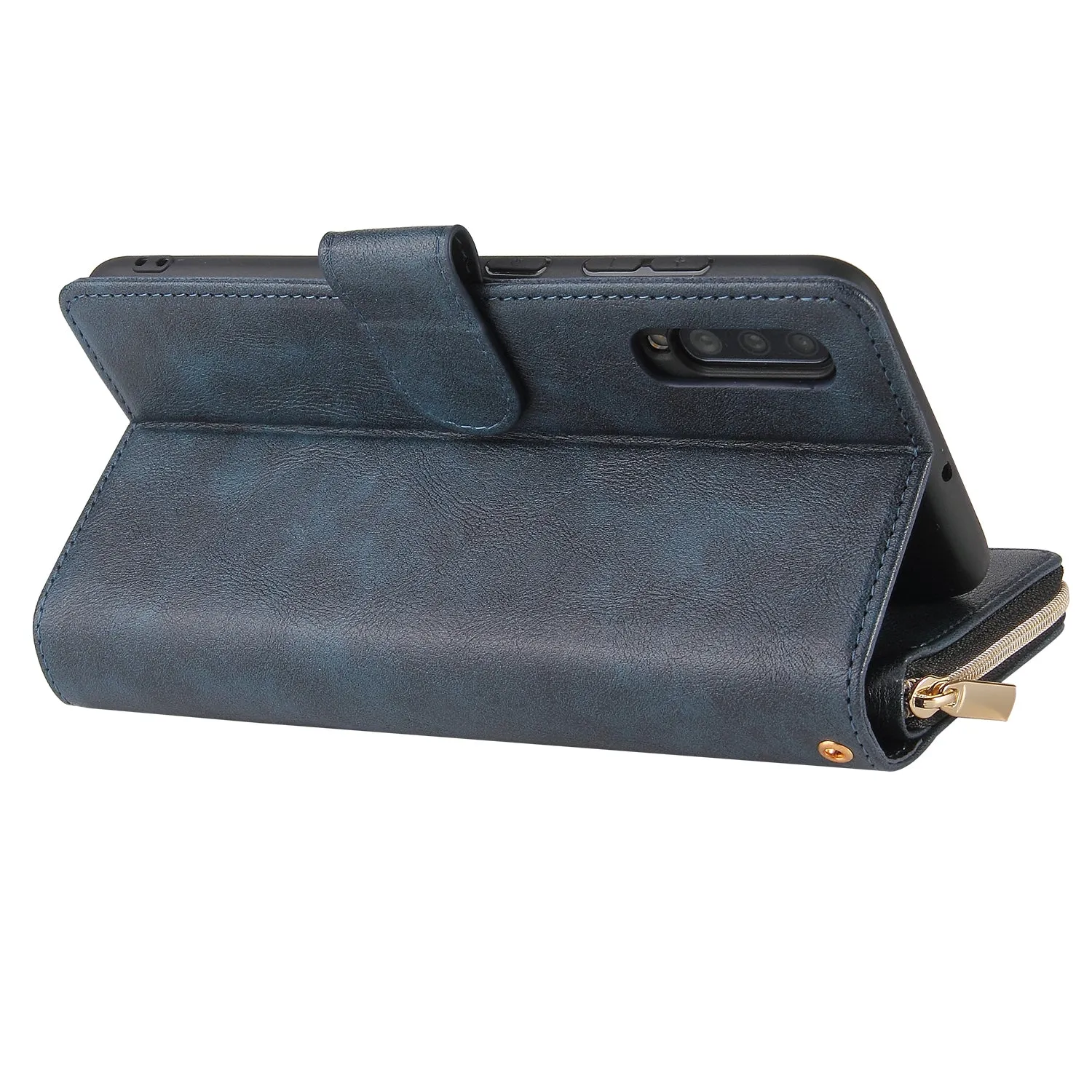 For Samsung A10/A20/A30/A50/A30S/A50S Pu Leather  Mobile Phone Cover Zipper Card Bag   Wrist Strap blue