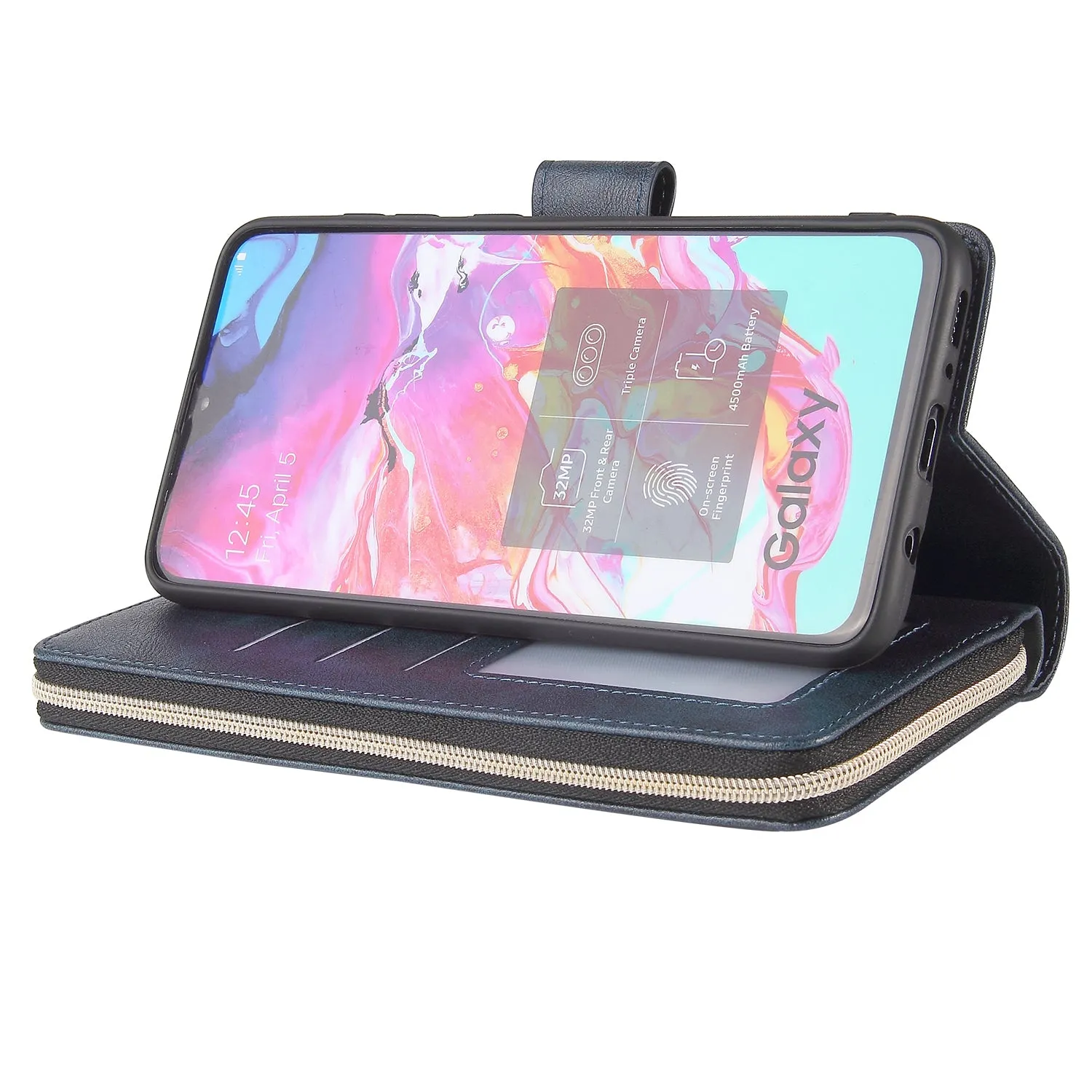 For Samsung A10/A20/A30/A50/A30S/A50S Pu Leather  Mobile Phone Cover Zipper Card Bag   Wrist Strap blue