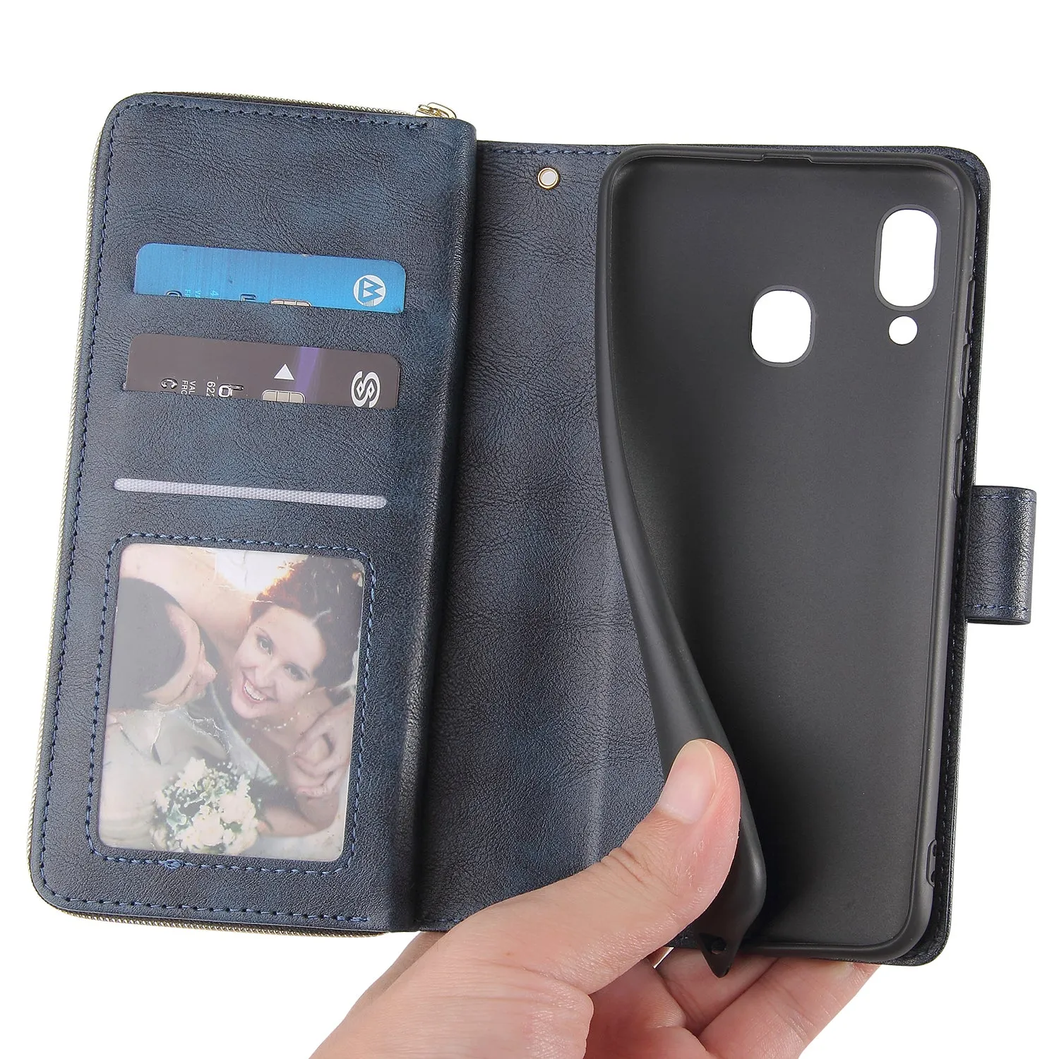For Samsung A10/A20/A30/A50/A30S/A50S Pu Leather  Mobile Phone Cover Zipper Card Bag   Wrist Strap blue