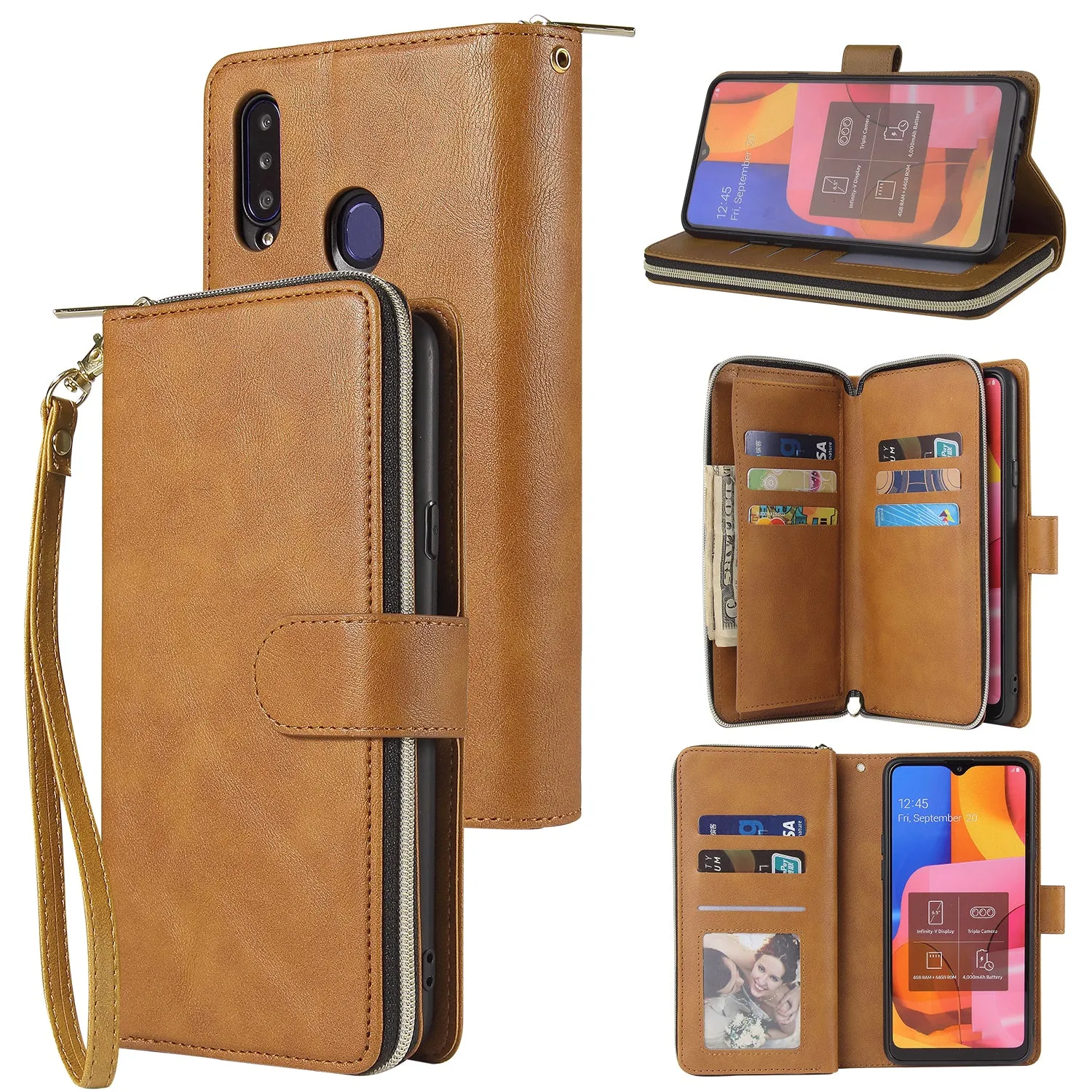For Samsung A10/A20/A30/A50/A30S/A50S Pu Leather  Mobile Phone Cover Zipper Card Bag   Wrist Strap brown