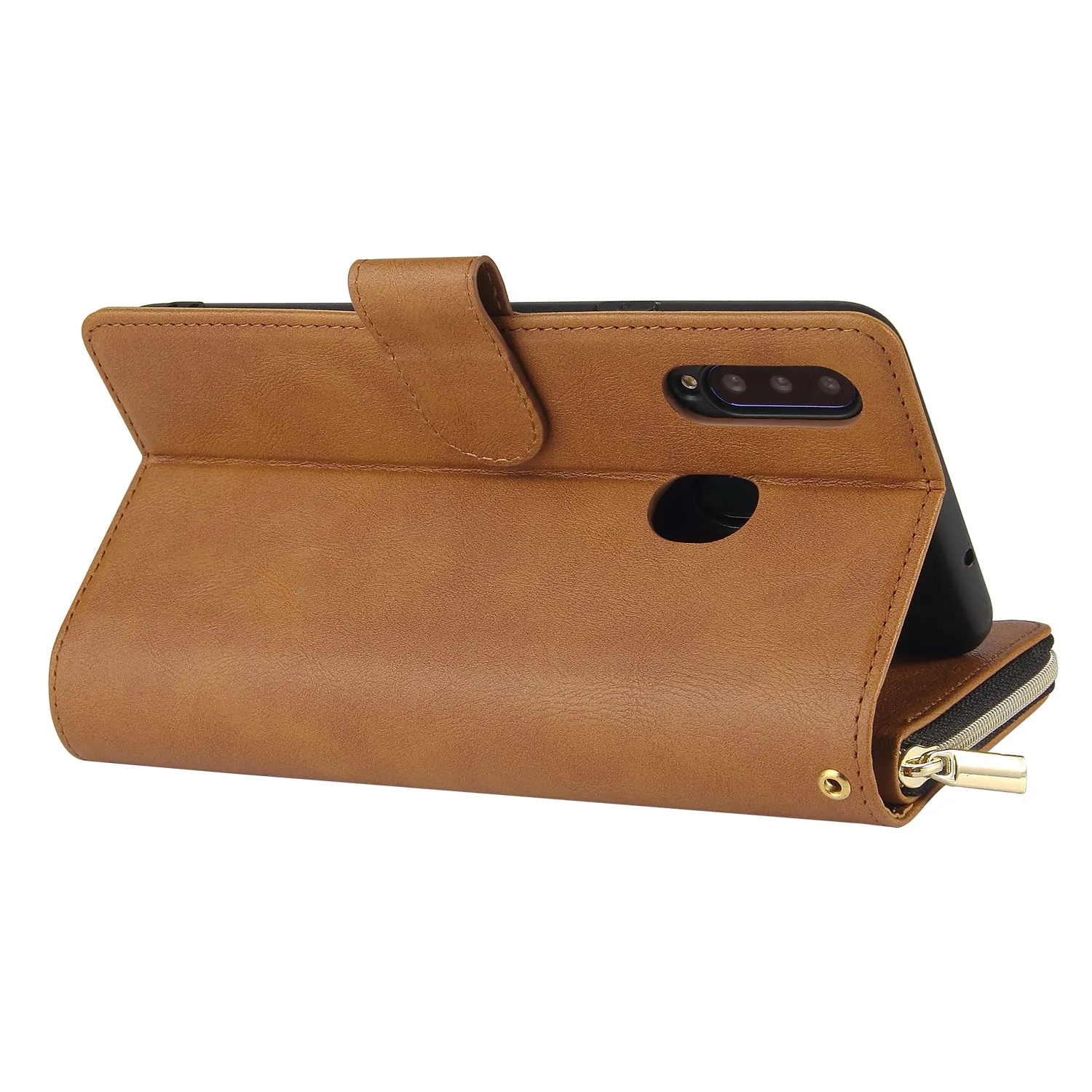 For Samsung A10/A20/A30/A50/A30S/A50S Pu Leather  Mobile Phone Cover Zipper Card Bag   Wrist Strap brown