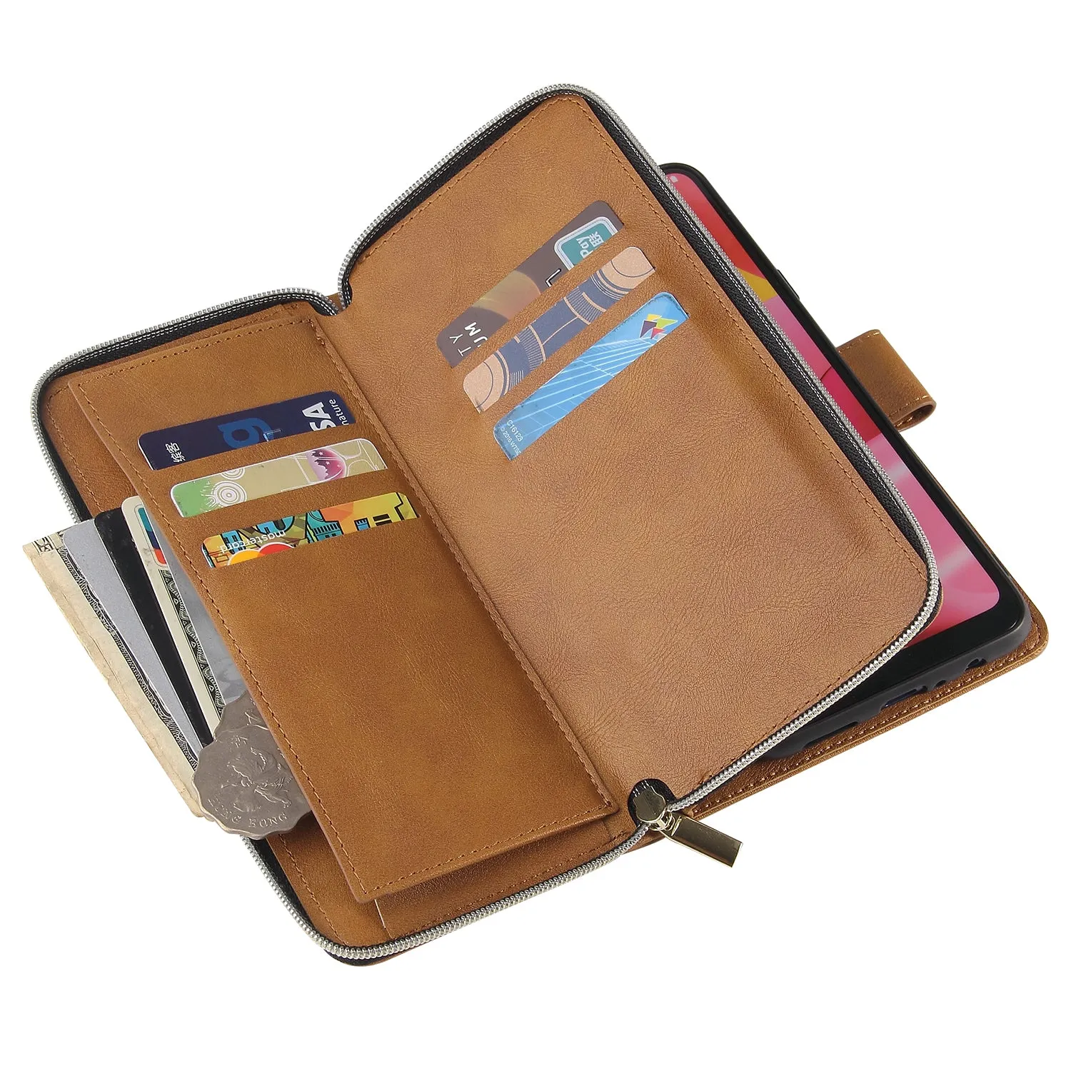 For Samsung A10/A20/A30/A50/A30S/A50S Pu Leather  Mobile Phone Cover Zipper Card Bag   Wrist Strap brown