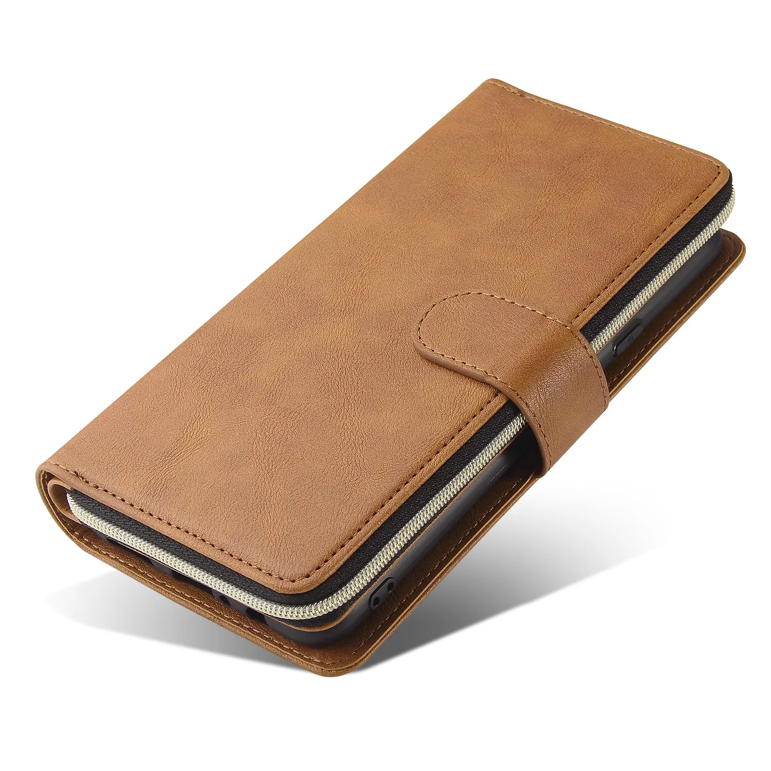 For Samsung A10/A20/A30/A50/A30S/A50S Pu Leather  Mobile Phone Cover Zipper Card Bag   Wrist Strap brown