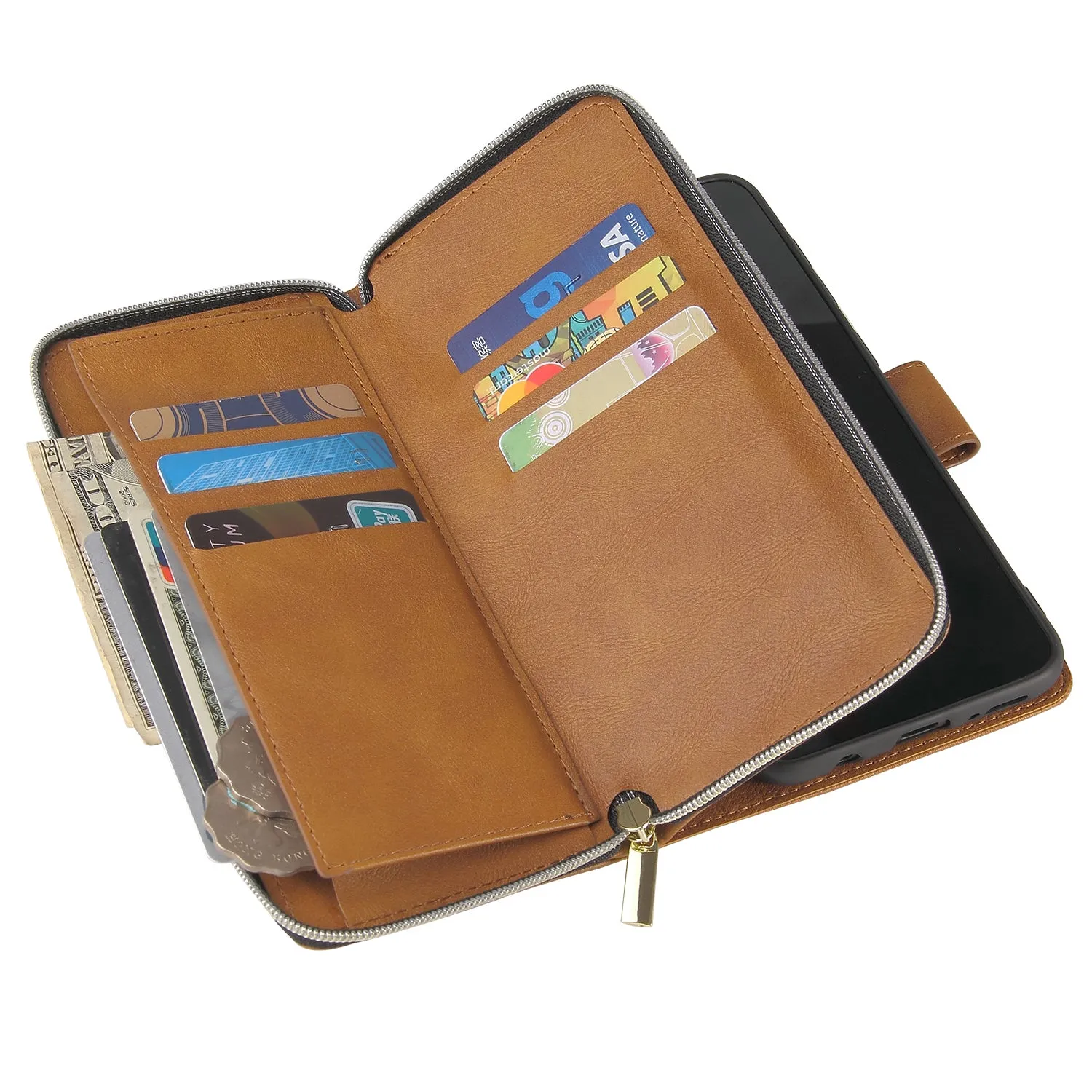 For Samsung A10/A20/A30/A50/A30S/A50S Pu Leather  Mobile Phone Cover Zipper Card Bag   Wrist Strap brown