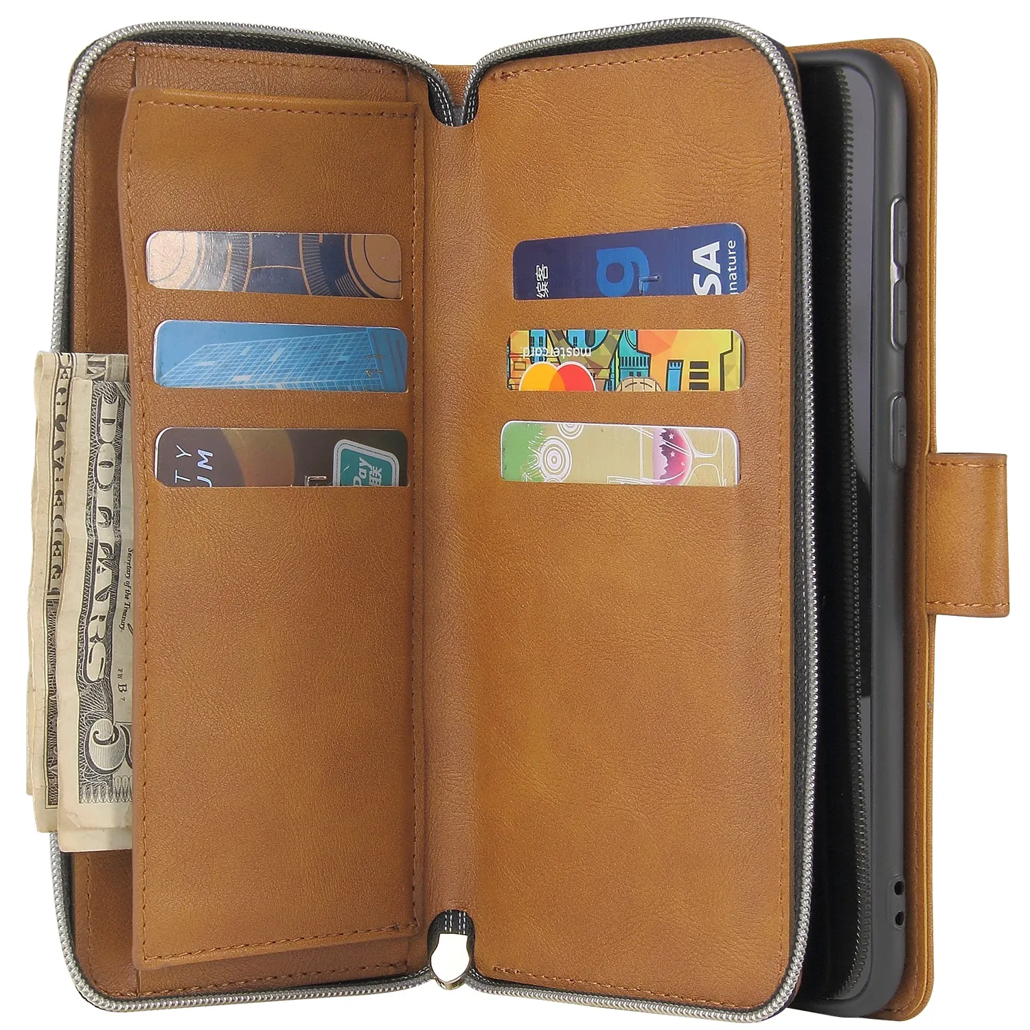 For Samsung A10/A20/A30/A50/A30S/A50S Pu Leather  Mobile Phone Cover Zipper Card Bag   Wrist Strap brown