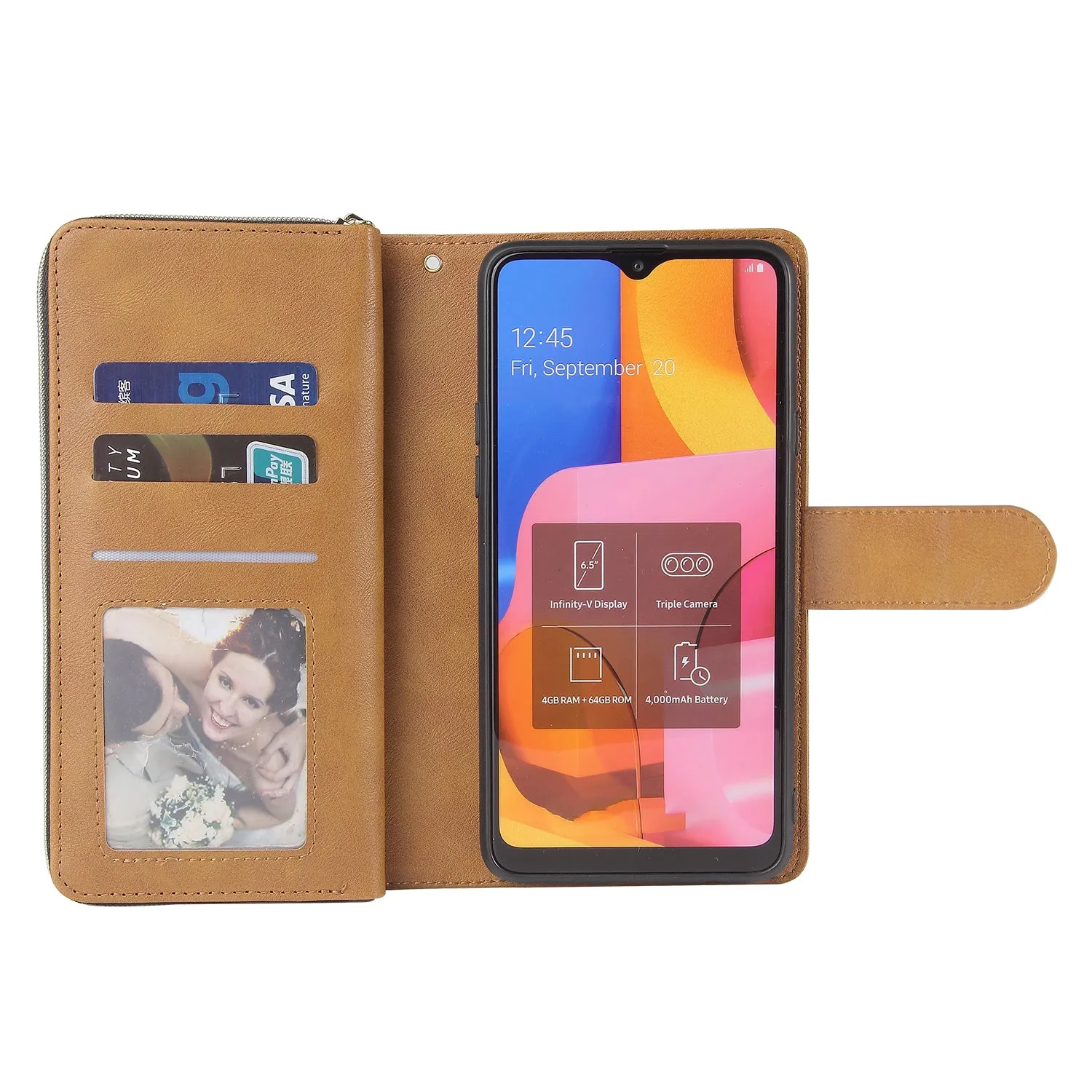 For Samsung A10/A20/A30/A50/A30S/A50S Pu Leather  Mobile Phone Cover Zipper Card Bag   Wrist Strap brown