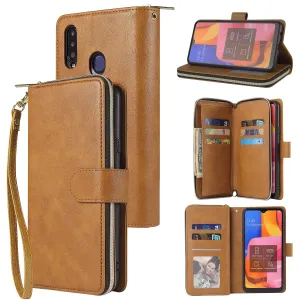 For Samsung A10/A20/A30/A50/A30S/A50S Pu Leather  Mobile Phone Cover Zipper Card Bag   Wrist Strap brown