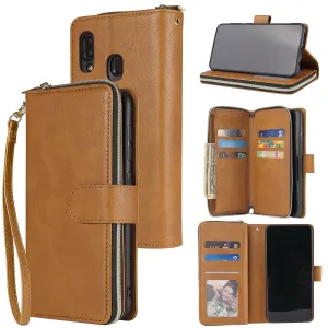 For Samsung A10/A20/A30/A50/A30S/A50S Pu Leather  Mobile Phone Cover Zipper Card Bag   Wrist Strap brown