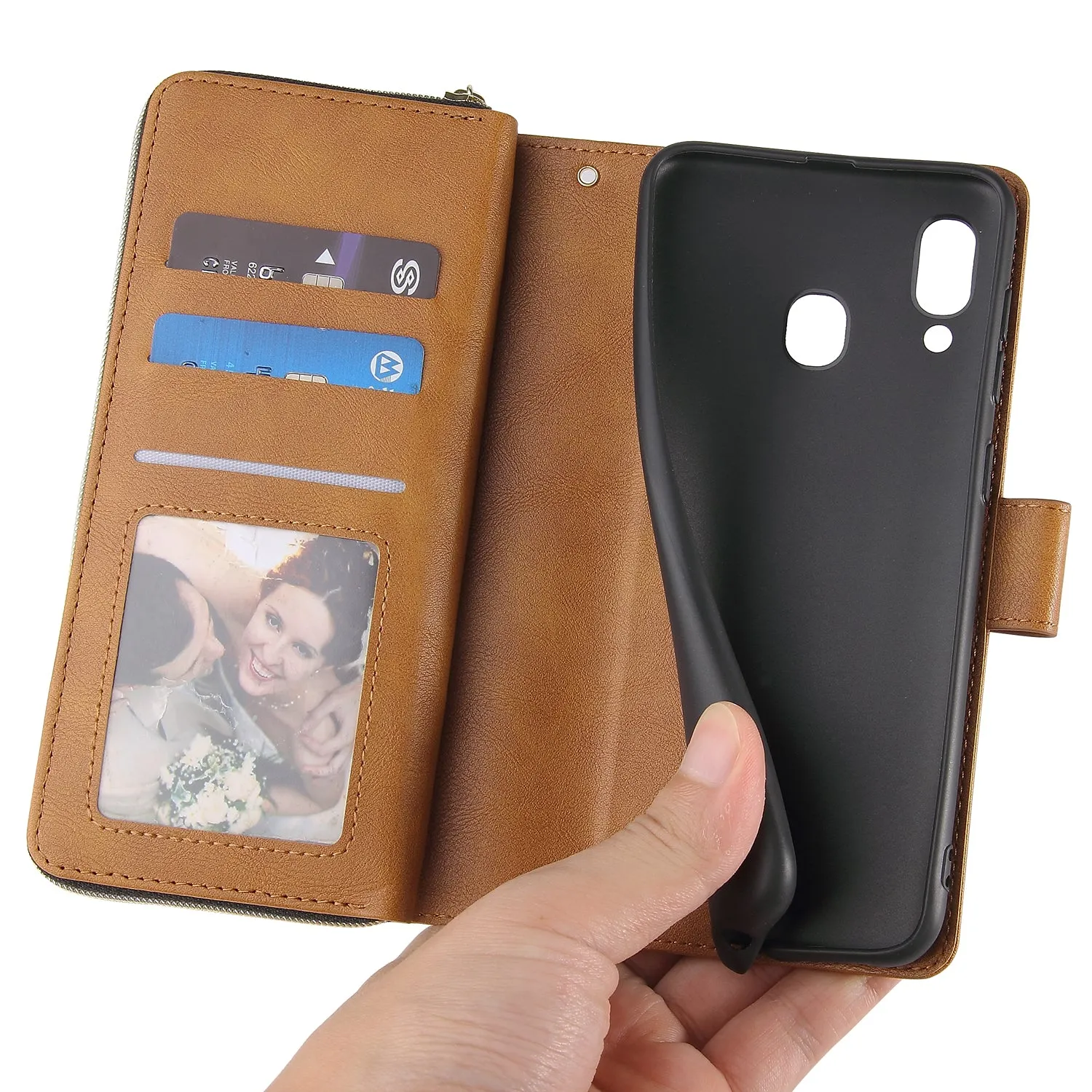 For Samsung A10/A20/A30/A50/A30S/A50S Pu Leather  Mobile Phone Cover Zipper Card Bag   Wrist Strap brown