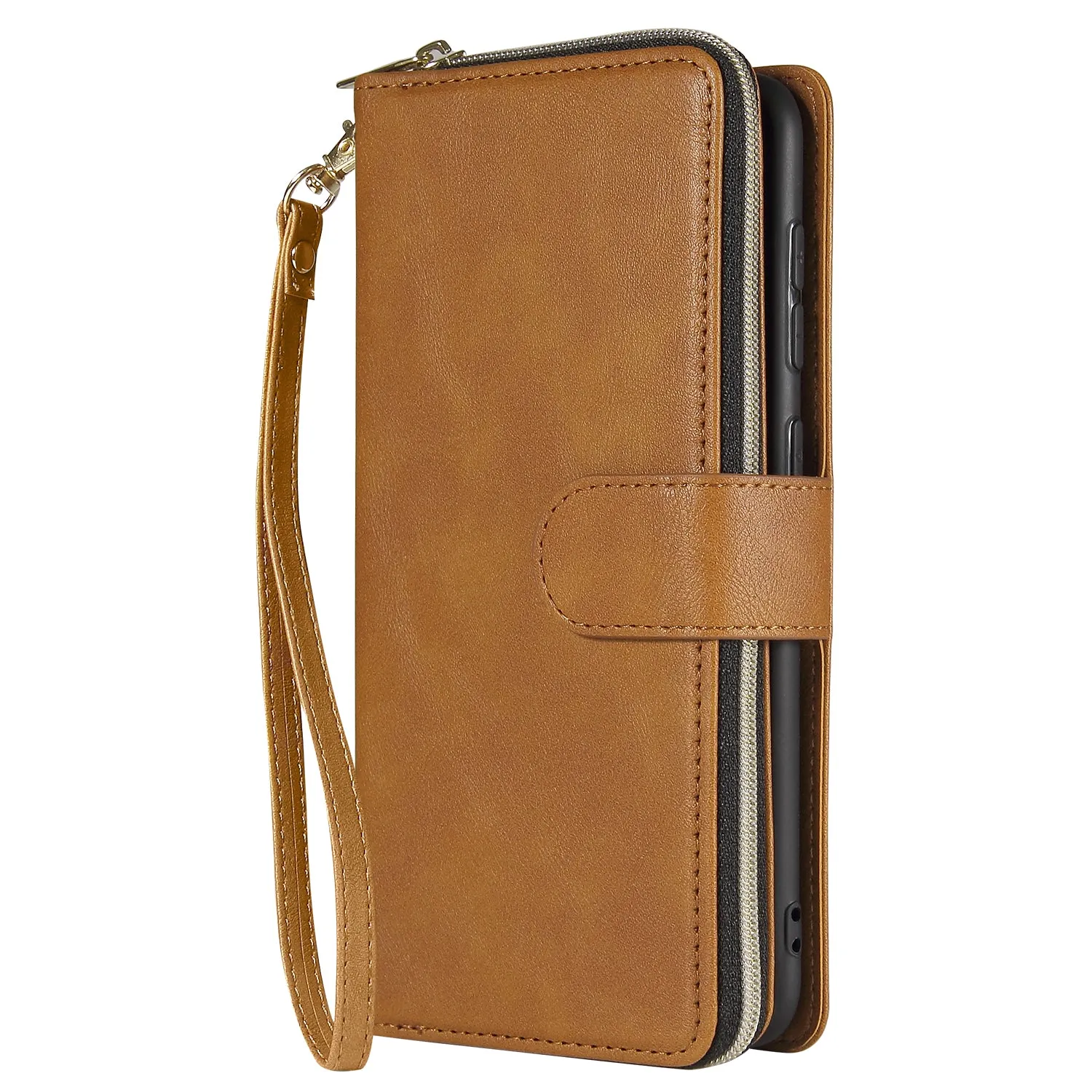 For Samsung A10/A20/A30/A50/A30S/A50S Pu Leather  Mobile Phone Cover Zipper Card Bag   Wrist Strap brown